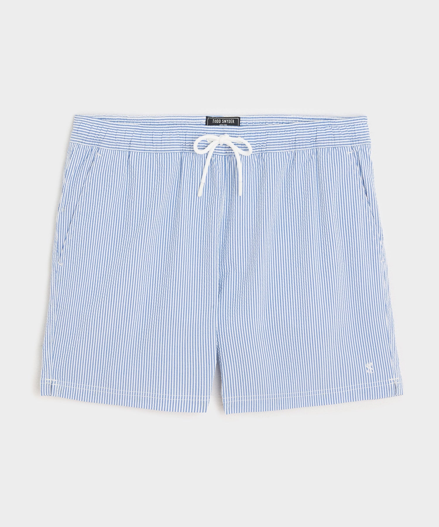 Todd Snyder 5" Seersucker Montauk Swim Trunk in Light Blue Stripe Light Blue