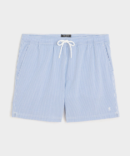 Todd Snyder 5" Seersucker Montauk Swim Trunk in Light Blue Stripe Light Blue