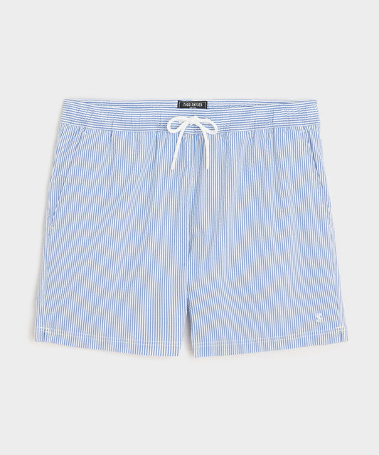 Todd Snyder 5" Seersucker Montauk Swim Trunk in Light Blue Stripe Light Blue