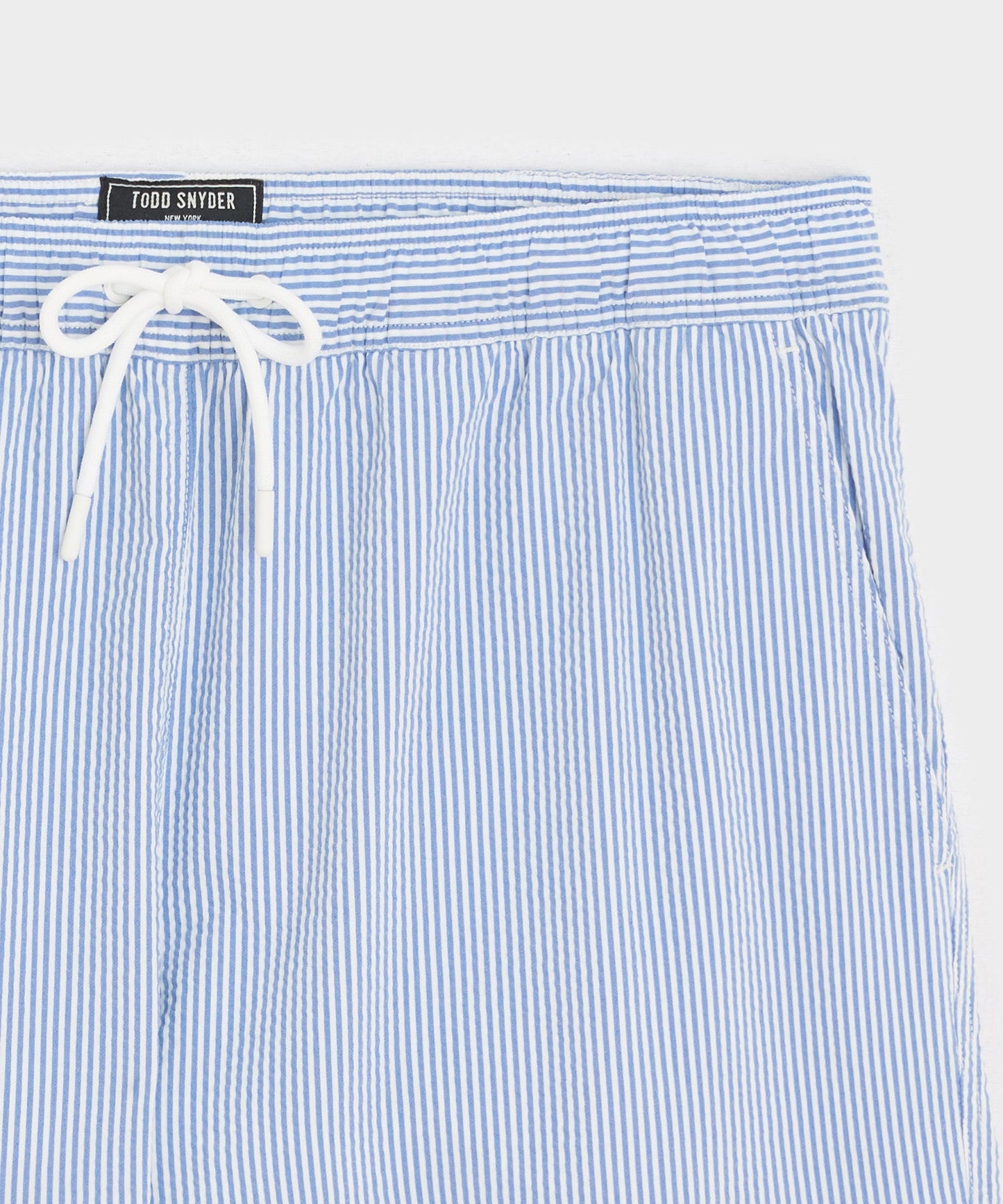 Todd Snyder 5" Seersucker Montauk Swim Trunk in Light Blue Stripe Light Blue