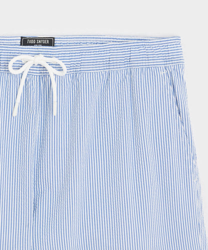 Todd Snyder 5" Seersucker Montauk Swim Trunk in Light Blue Stripe Light Blue