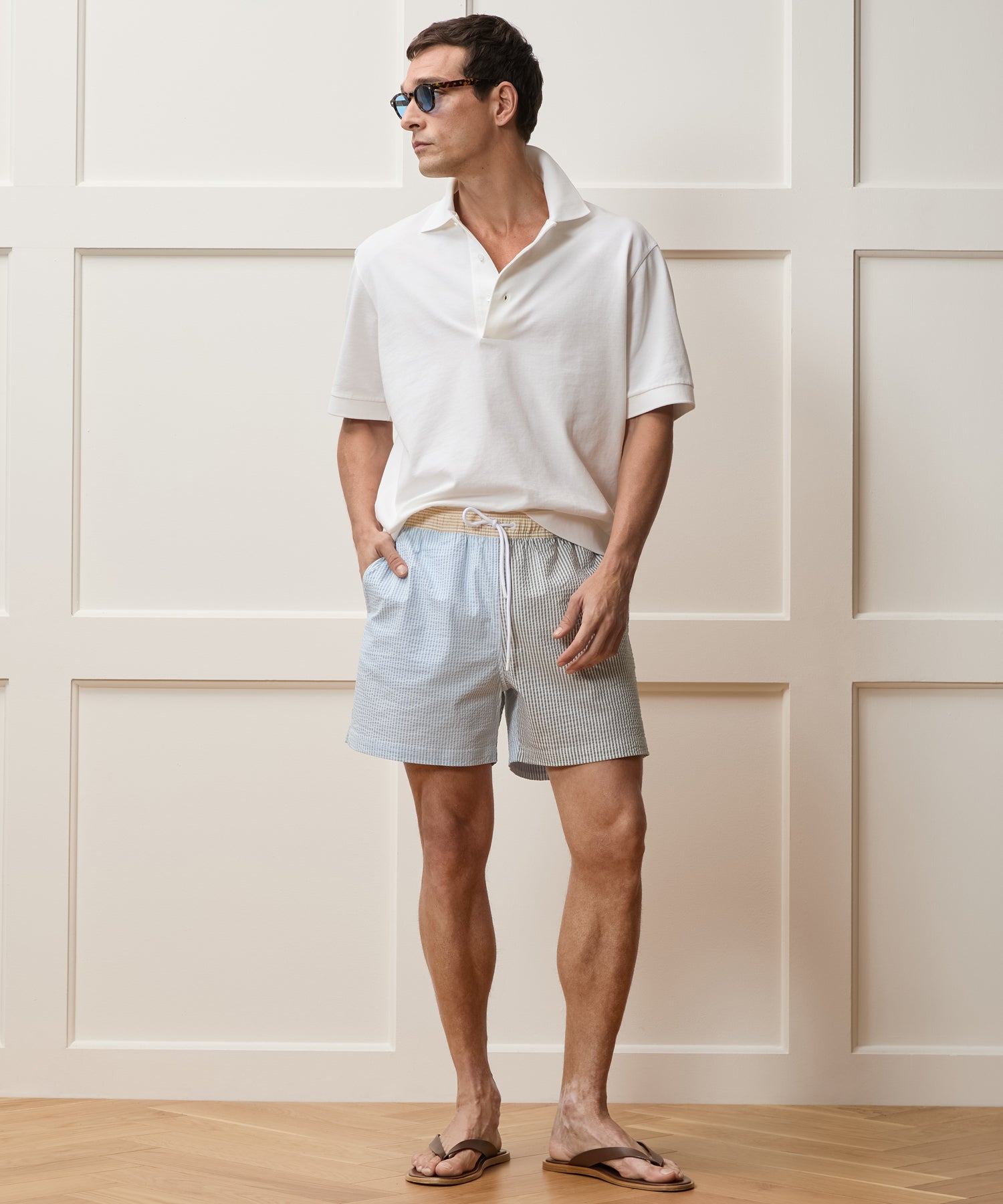 Todd Snyder 5" Seersucker Montauk Swim Trunk in Multi Stripe Multi