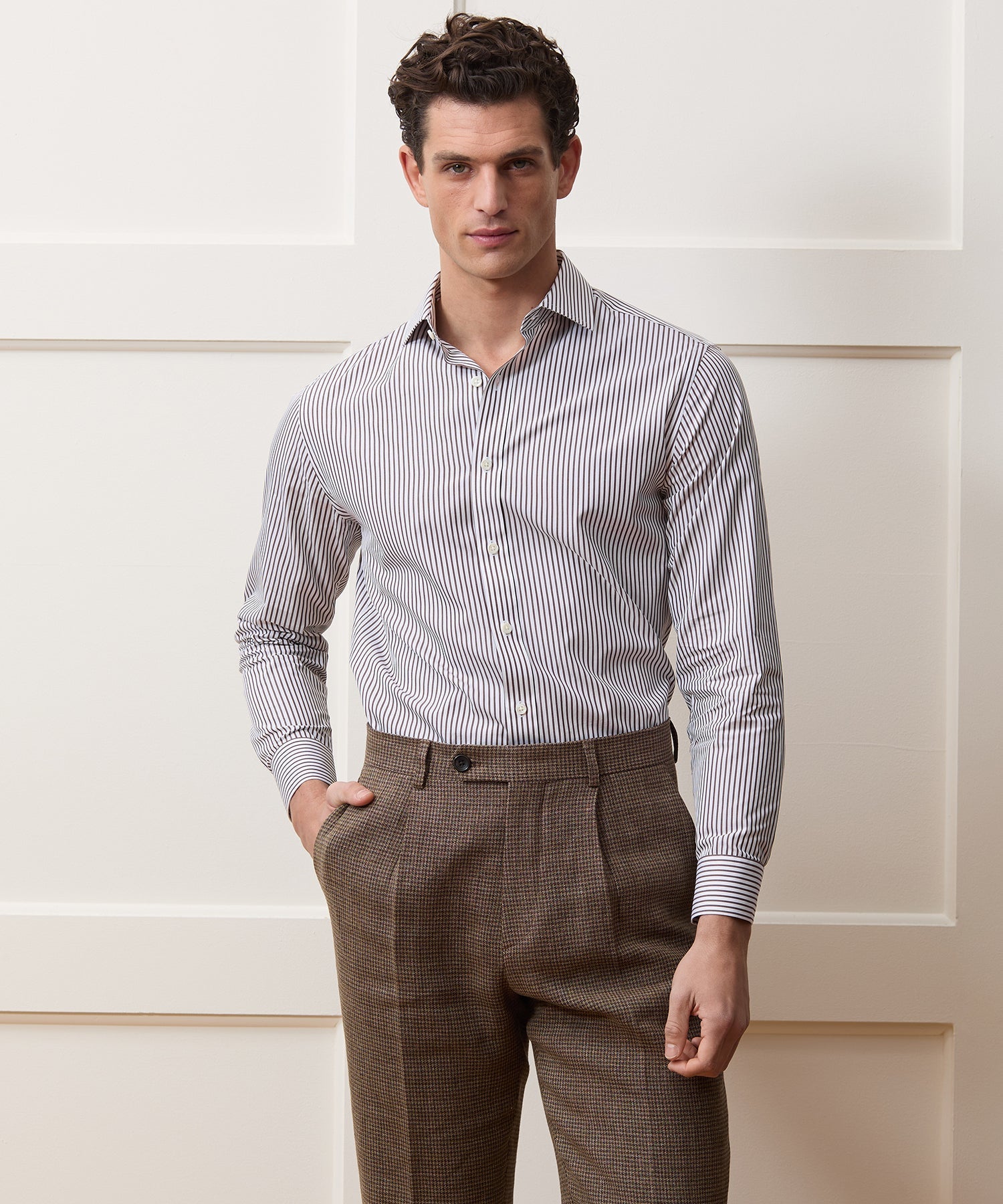 Todd Snyder End-on-End Poplin Dress Shirt in Brown Stripe Brown