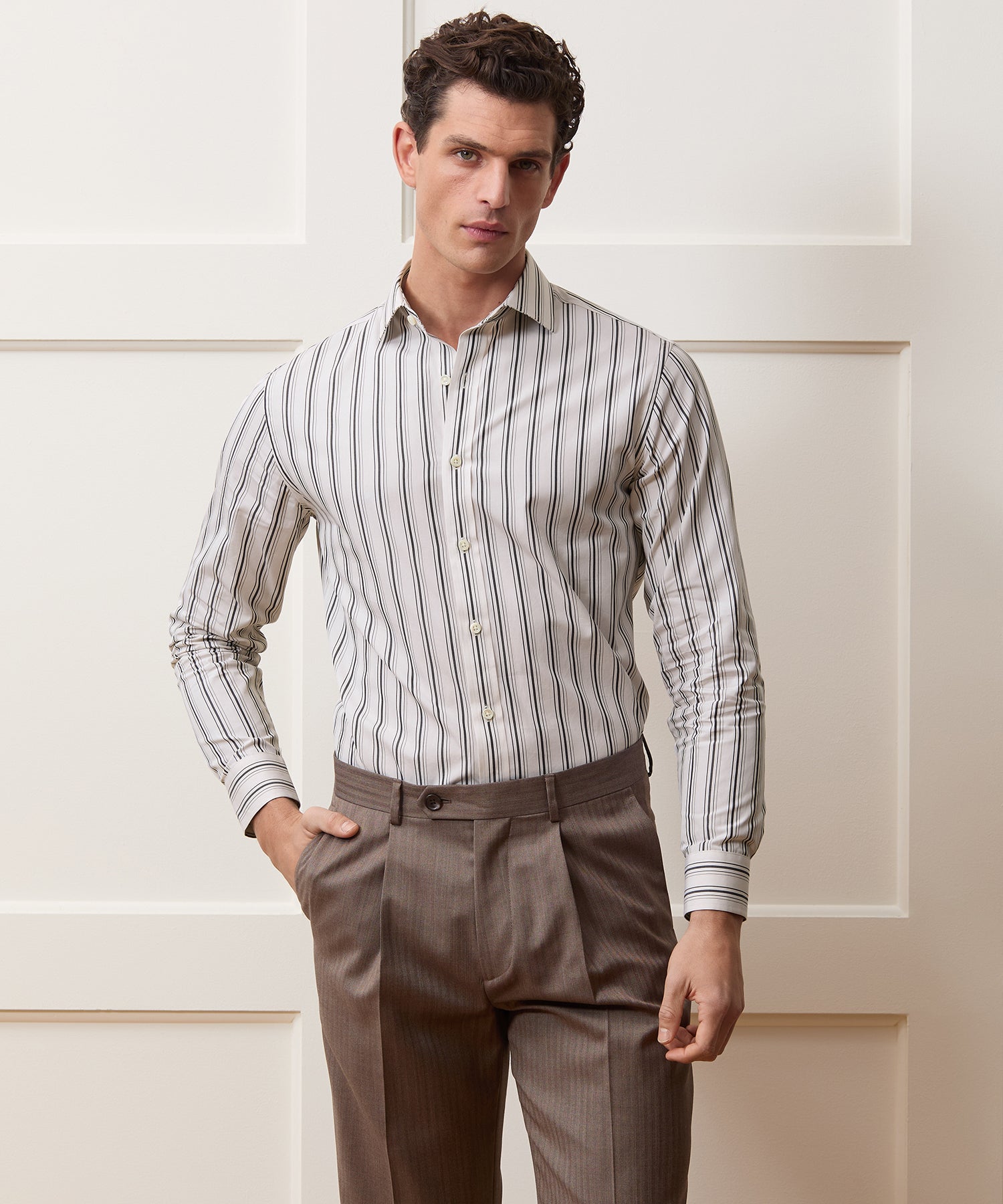 Todd Snyder End-on-End Poplin Dress Shirt in Beige Stripe Beige