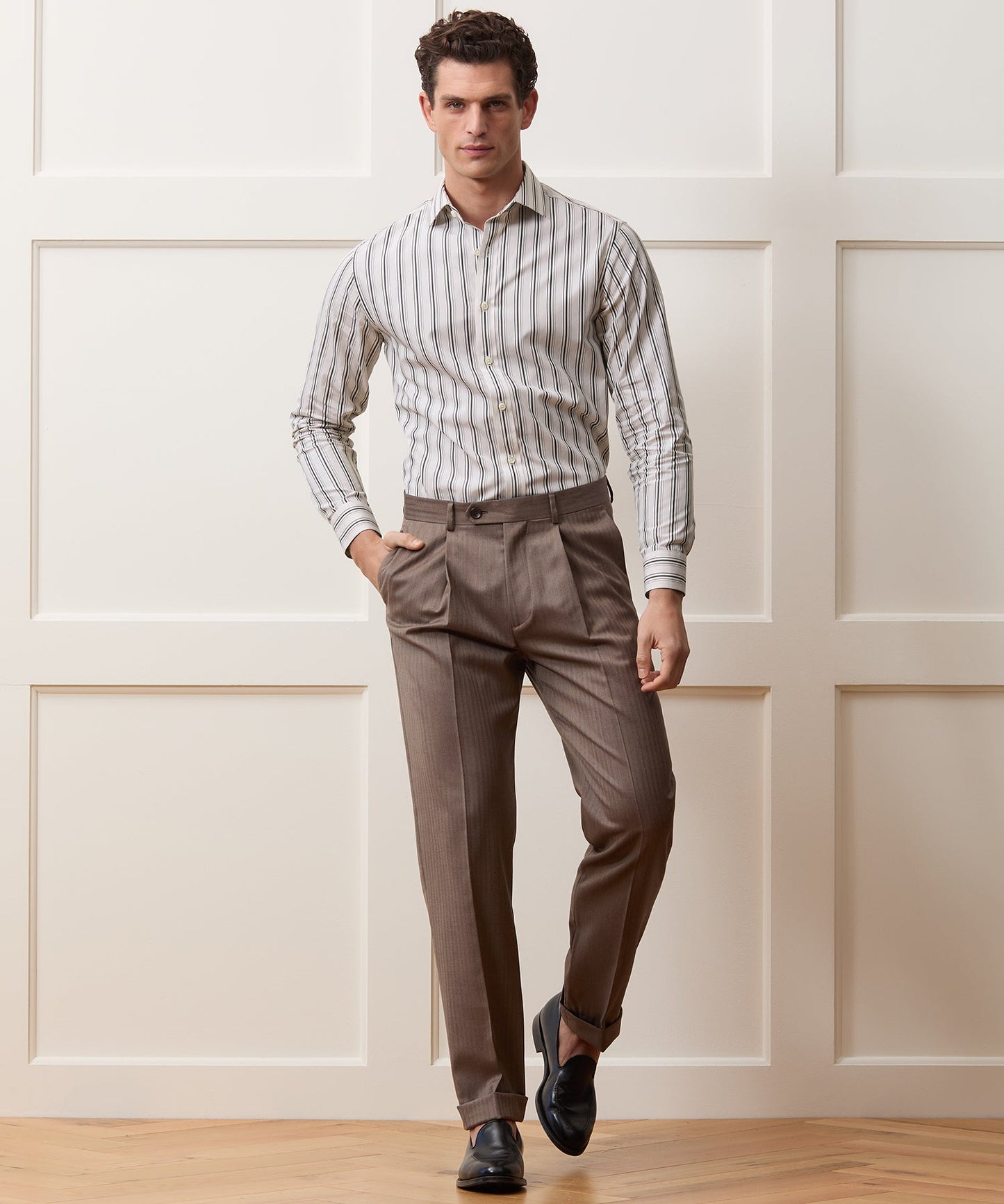 Todd Snyder End-on-End Poplin Dress Shirt in Beige Stripe Beige