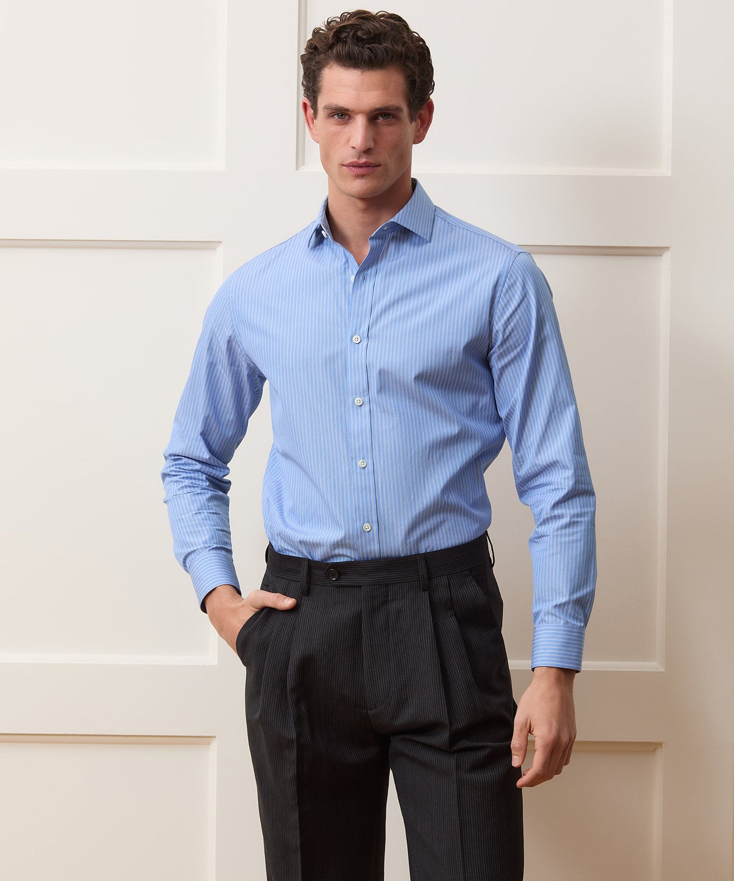 Todd Snyder End-on-End Poplin Dress Shirt in Blue Stripe Blue Ticking Stripe