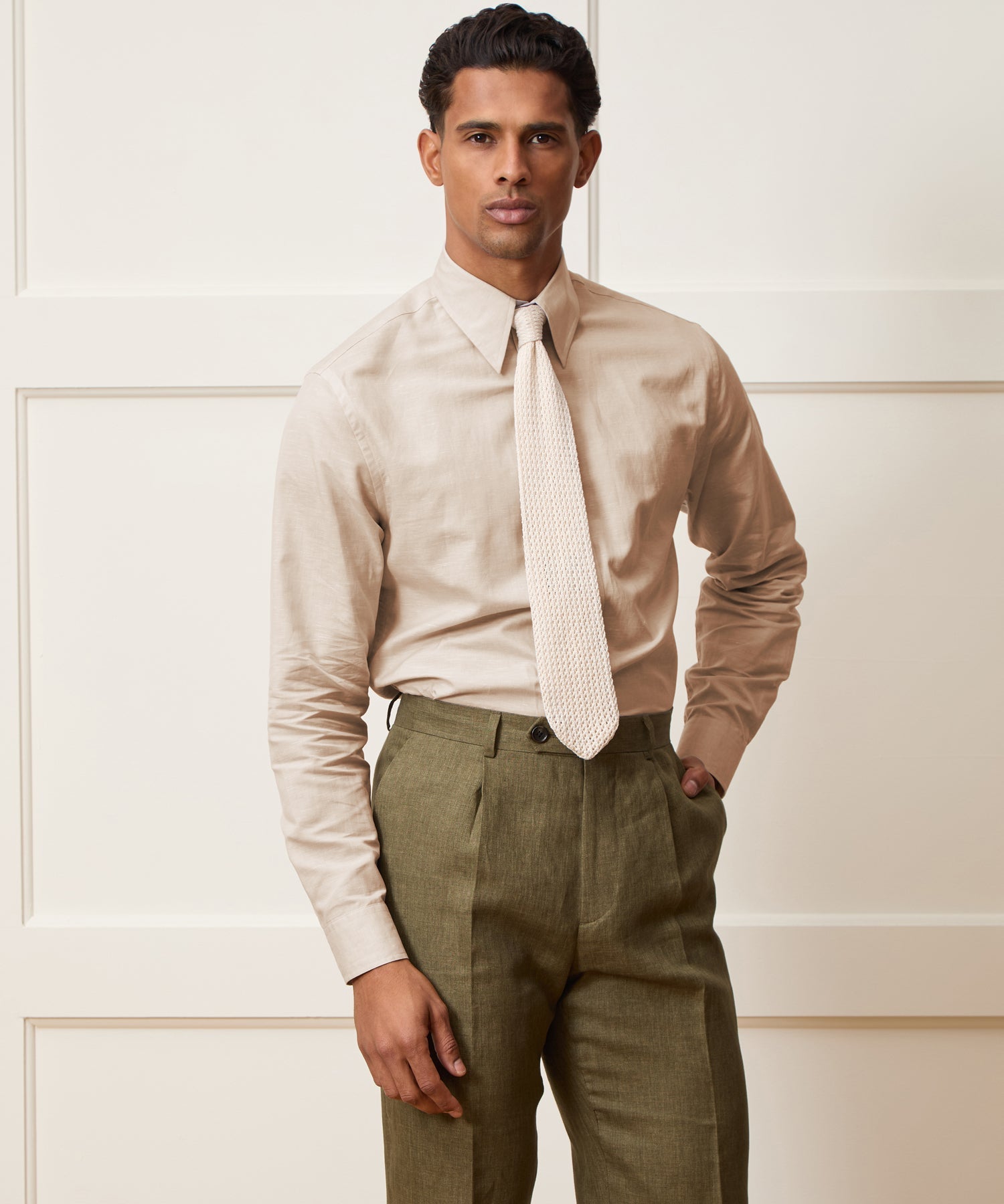 Todd Snyder Italian Cotton-Linen Long Point Collar Dress Shirt in Beige Beige