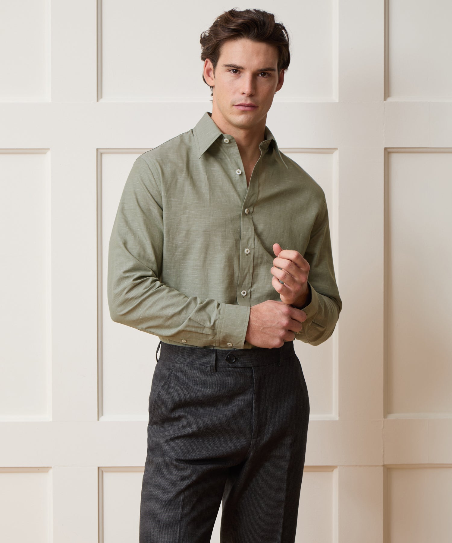 Todd Snyder Italian Cotton-Linen Long Point Collar Dress Shirt in Olive Olive