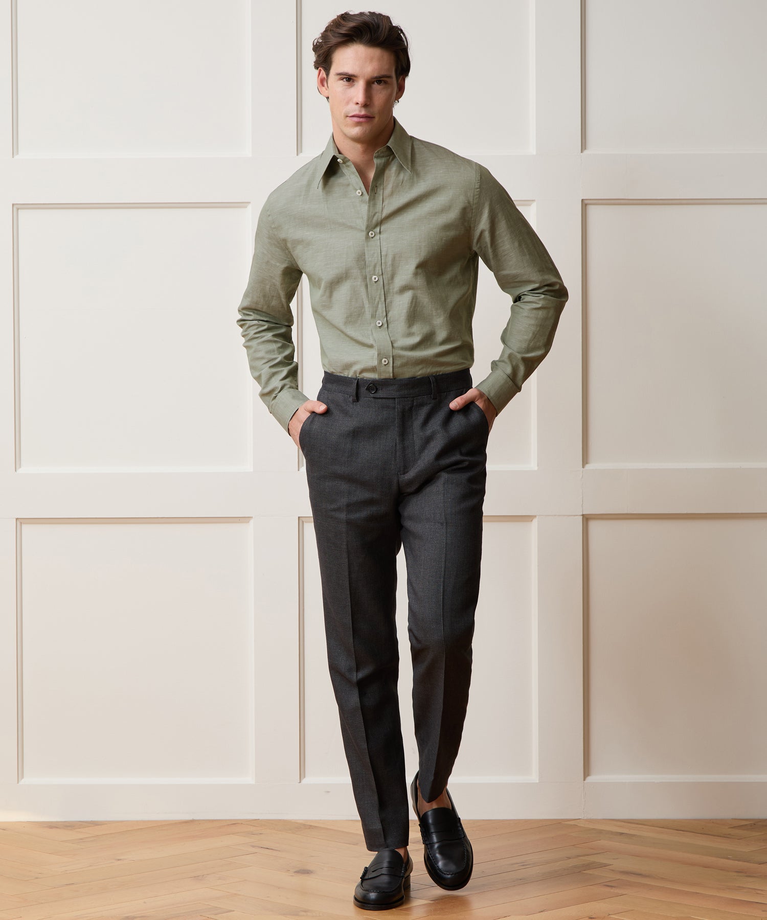 Todd Snyder Italian Cotton-Linen Long Point Collar Dress Shirt in Olive Olive