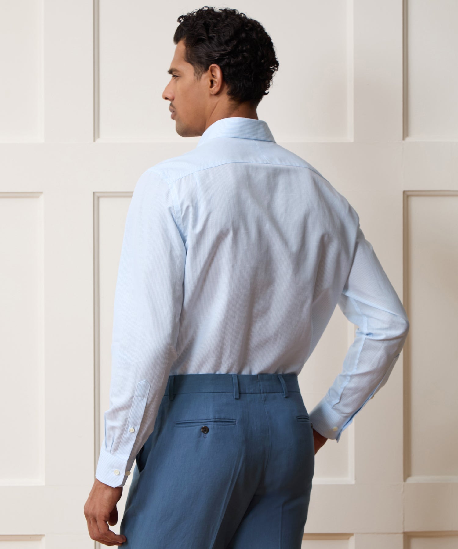 Todd Snyder Italian Cotton-Linen Long Point Collar Dress Shirt in Blue Stripe Blue