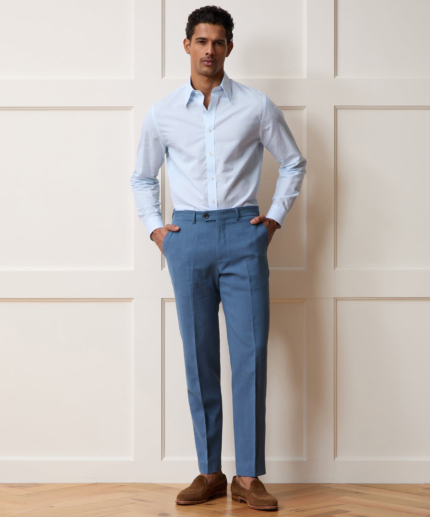 Todd Snyder Italian Cotton-Linen Long Point Collar Dress Shirt in Blue Stripe Blue