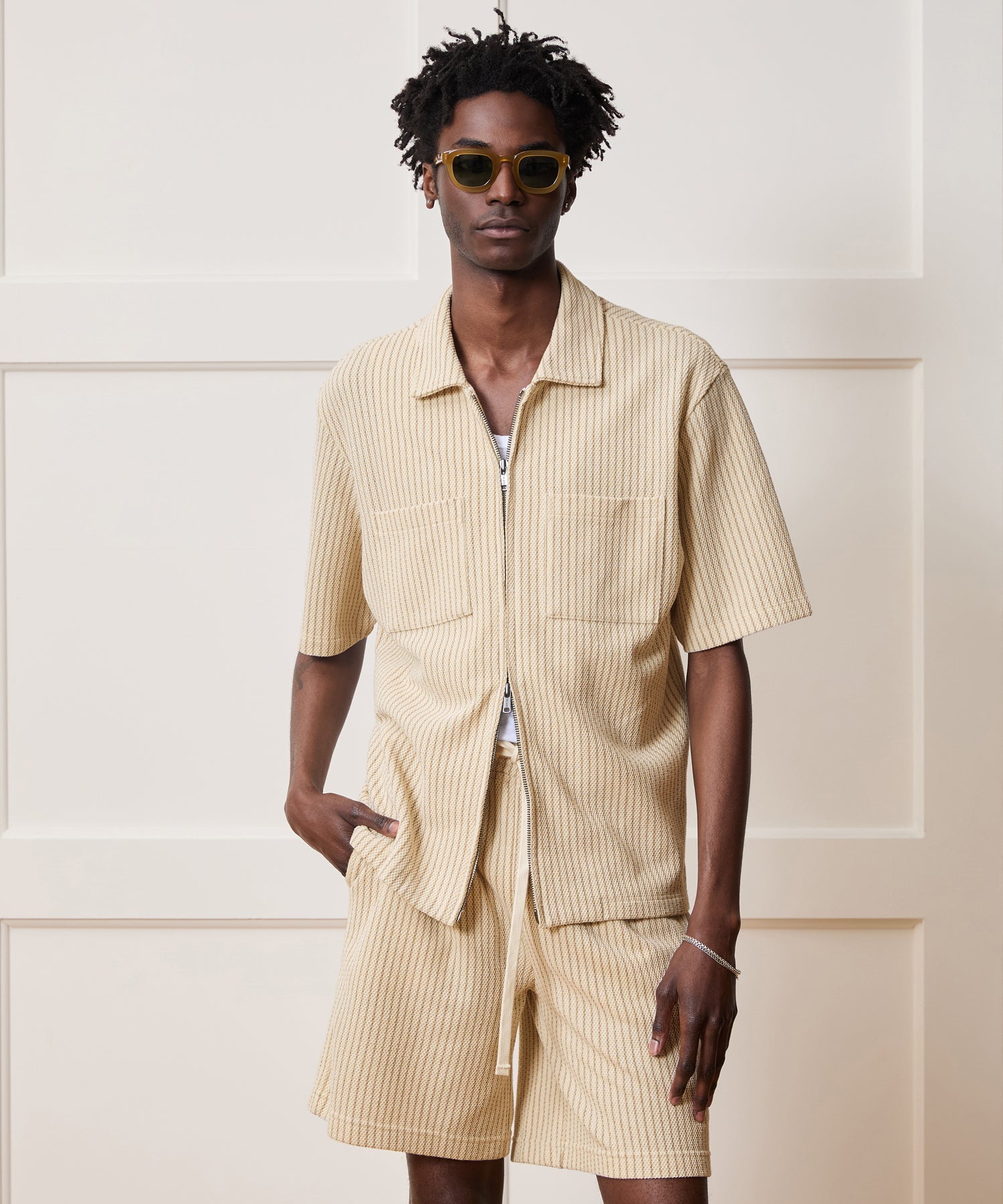 Todd Snyder Dune Zip-Up Polo in Tan Stripe Stripe Tan Stripe