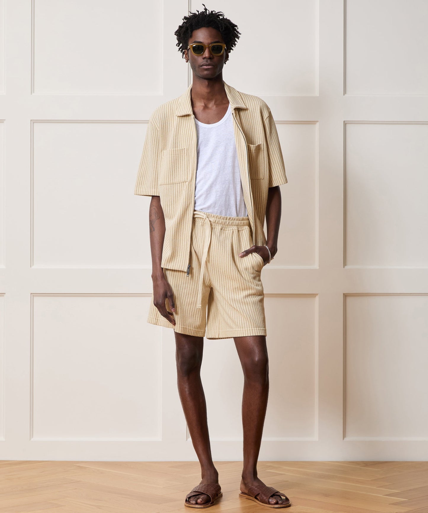 Todd Snyder Dune Zip-Up Polo in Tan Stripe Stripe Tan Stripe