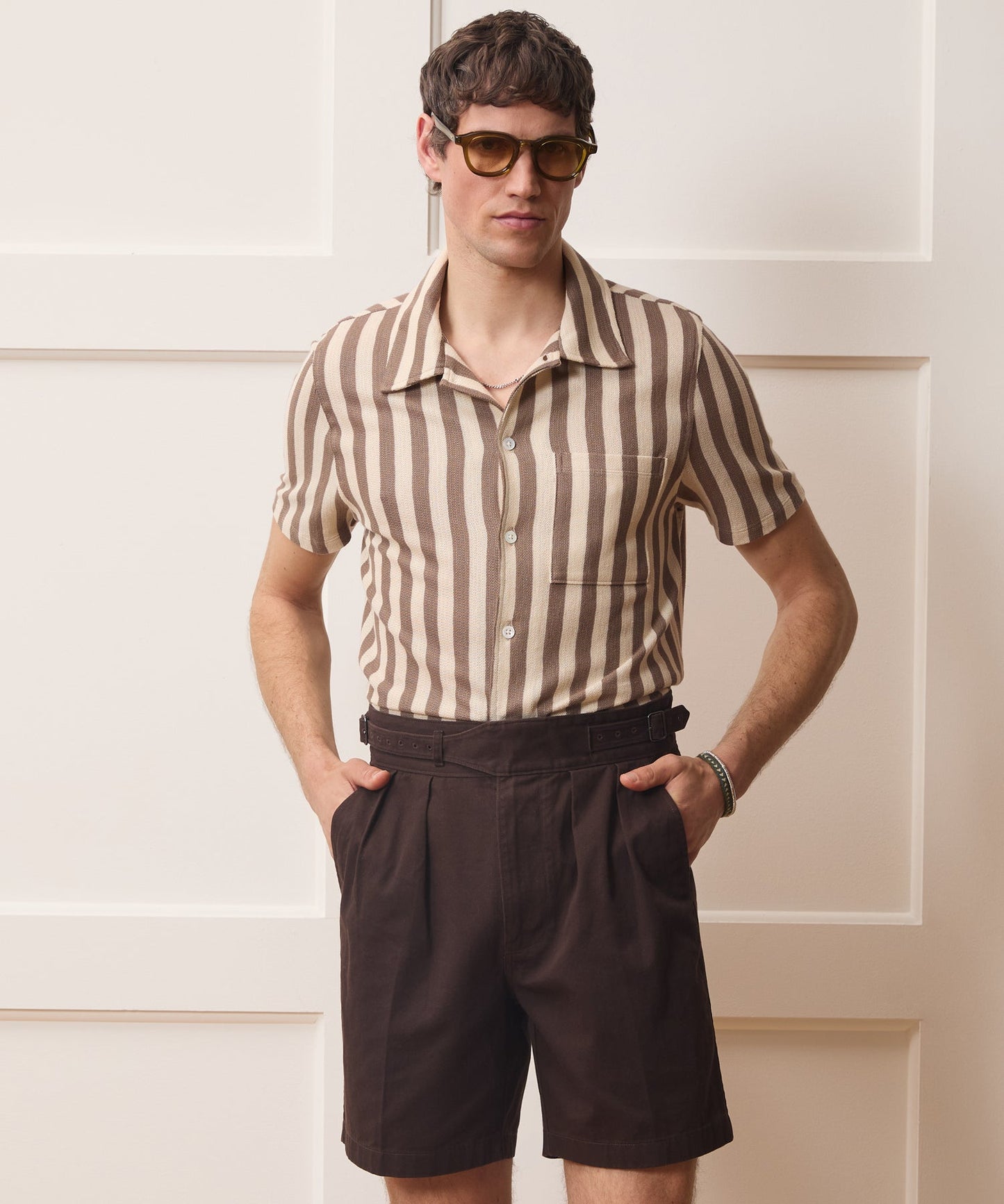 Todd Snyder Linen-Cotton Knit Shirt in Tan Stripe Tan