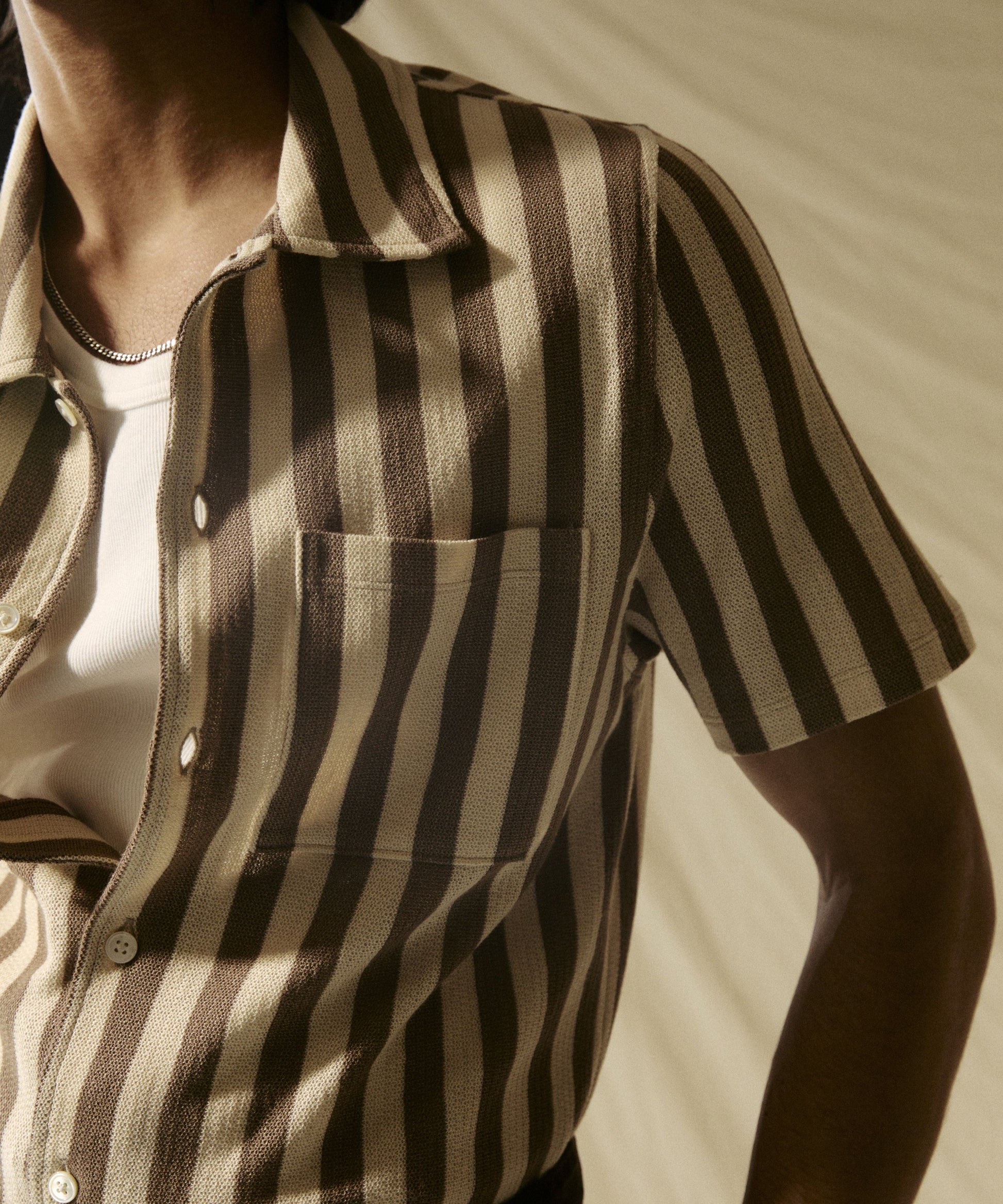 Todd Snyder Linen-Cotton Knit Shirt in Tan Stripe Tan