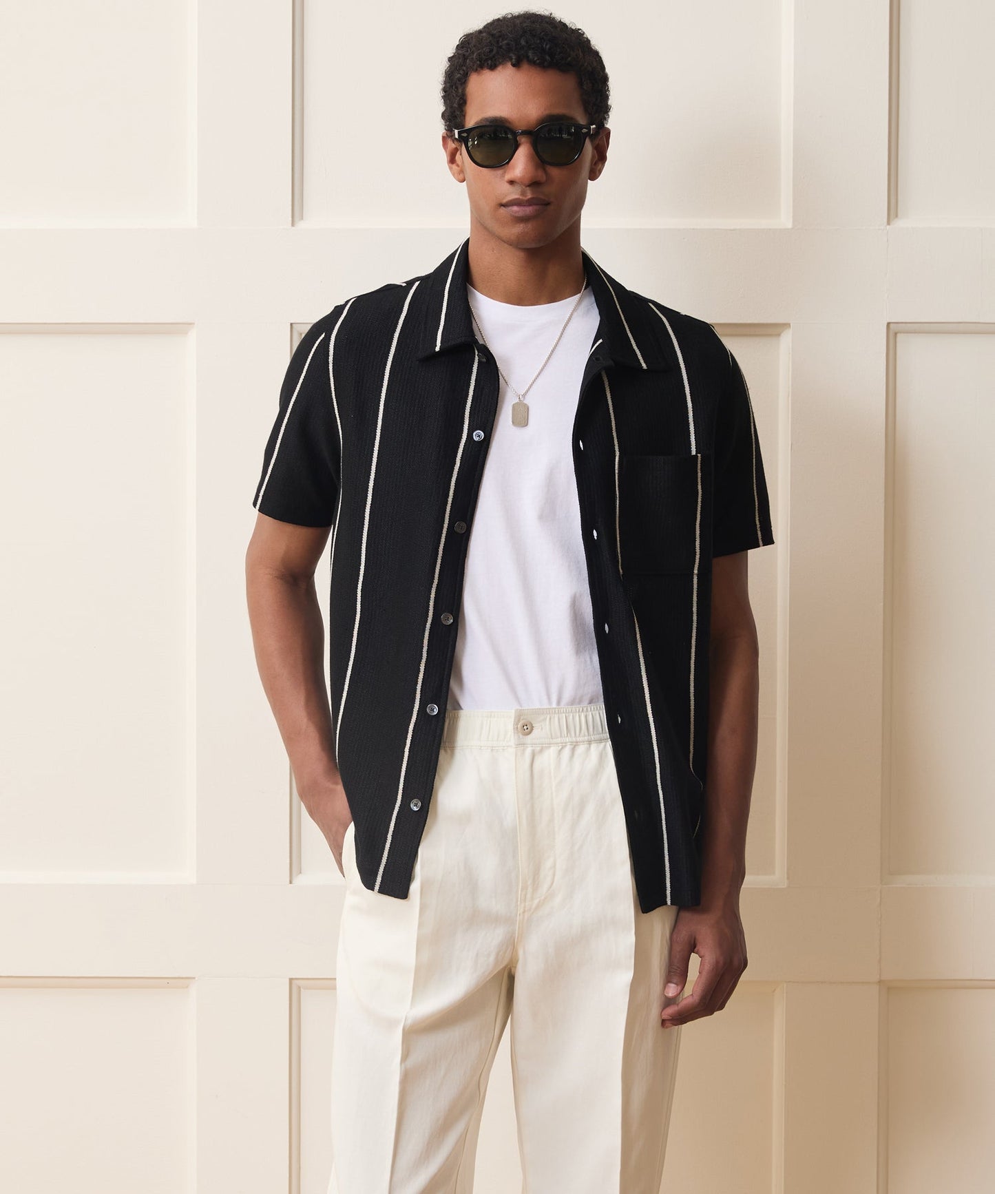 Todd Snyder Linen-Cotton Knit Shirt in Black Stripe Black