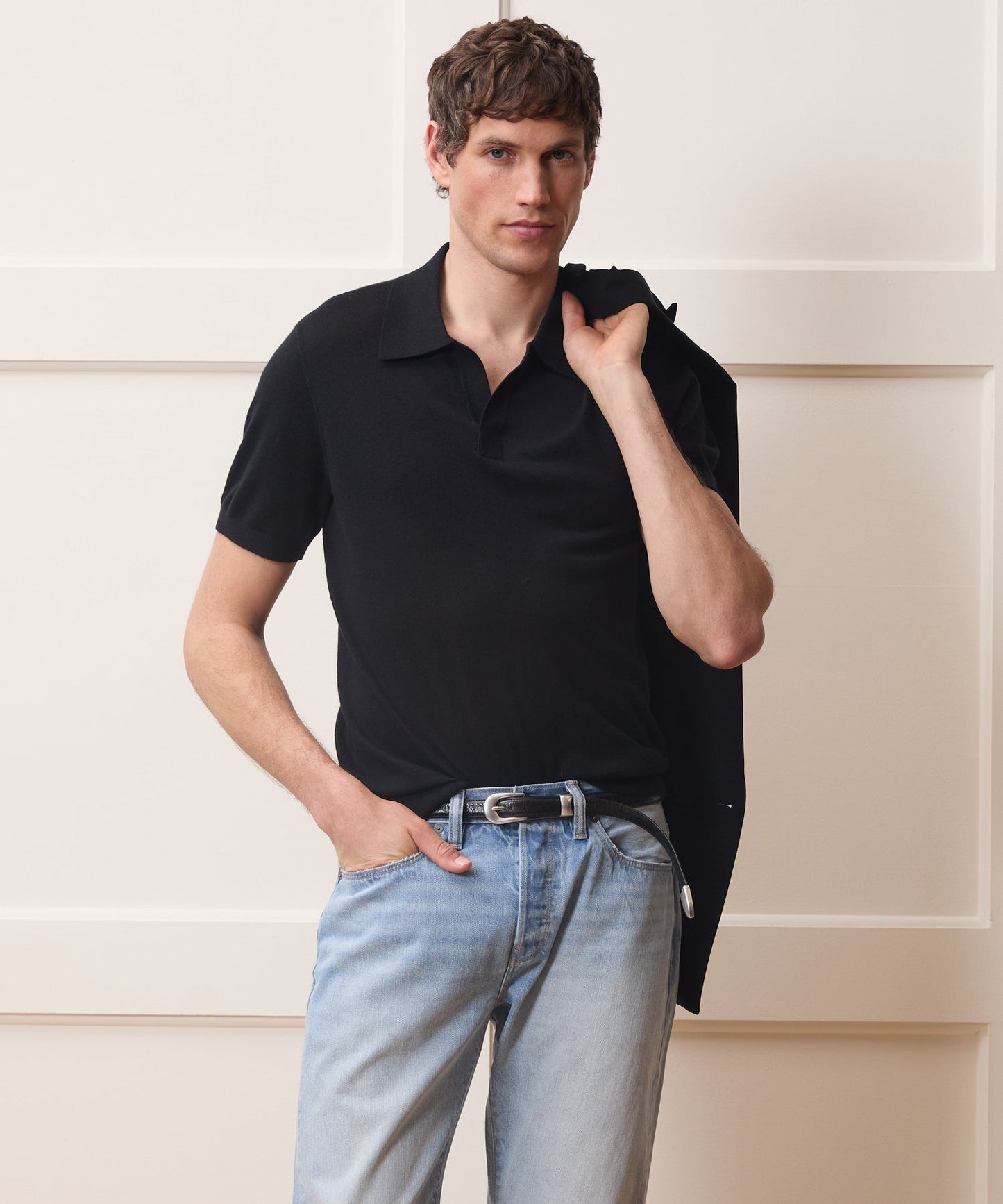 Todd Snyder Silk-Cashmere Montauk Sweater Polo in Black Black