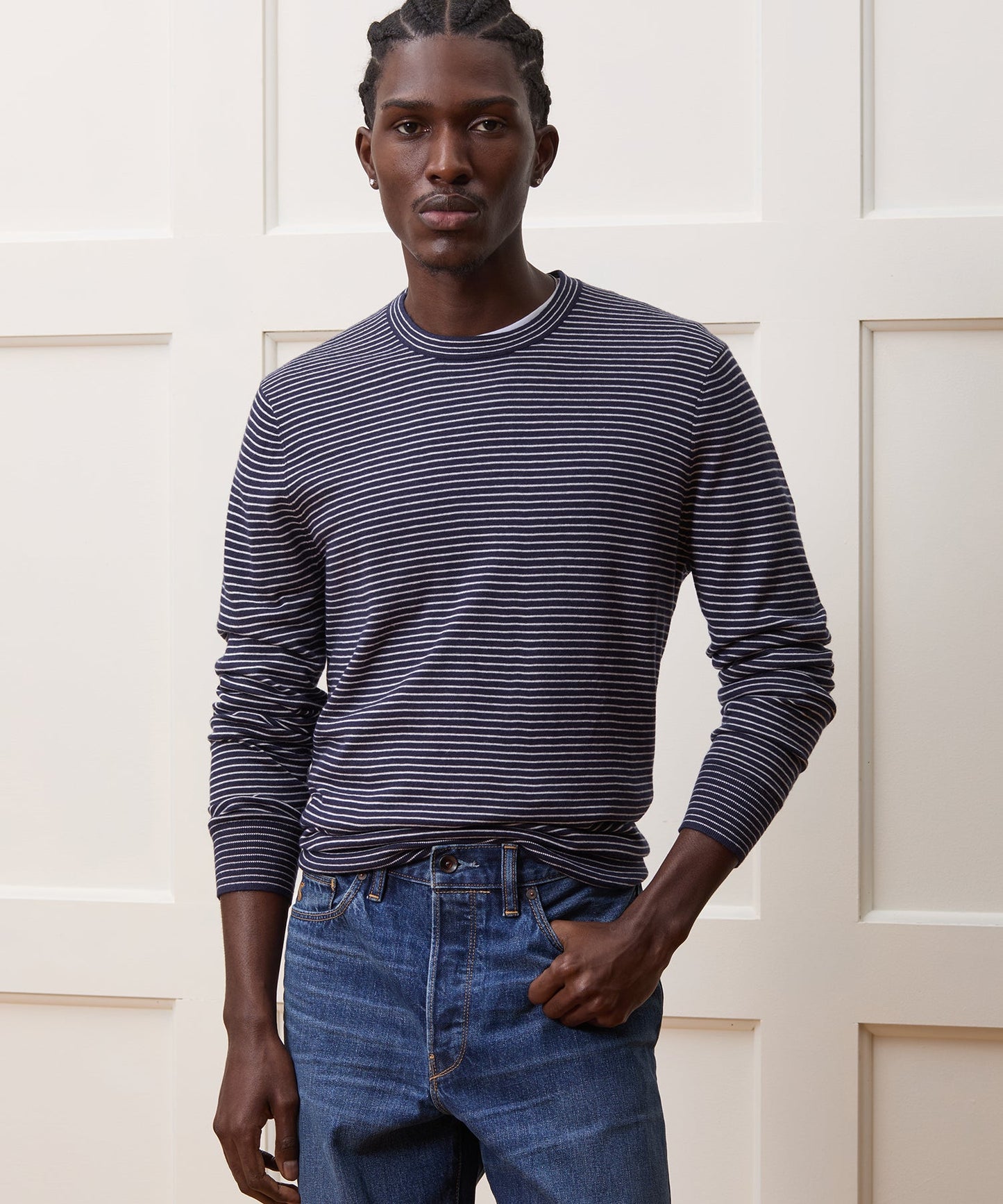 Todd Snyder Silk-Cashmere Crewneck Sweater in Navy Stripes Navy
