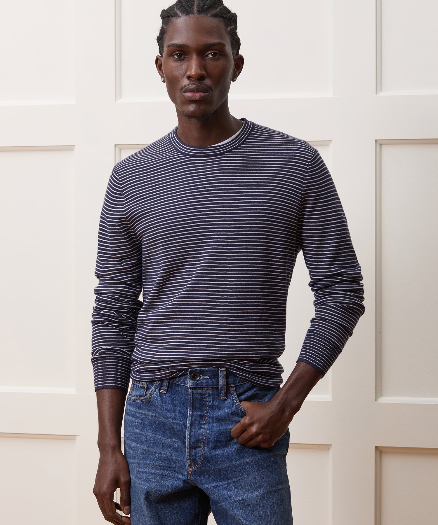Todd Snyder Silk-Cashmere Crewneck Sweater in Navy Stripes Navy