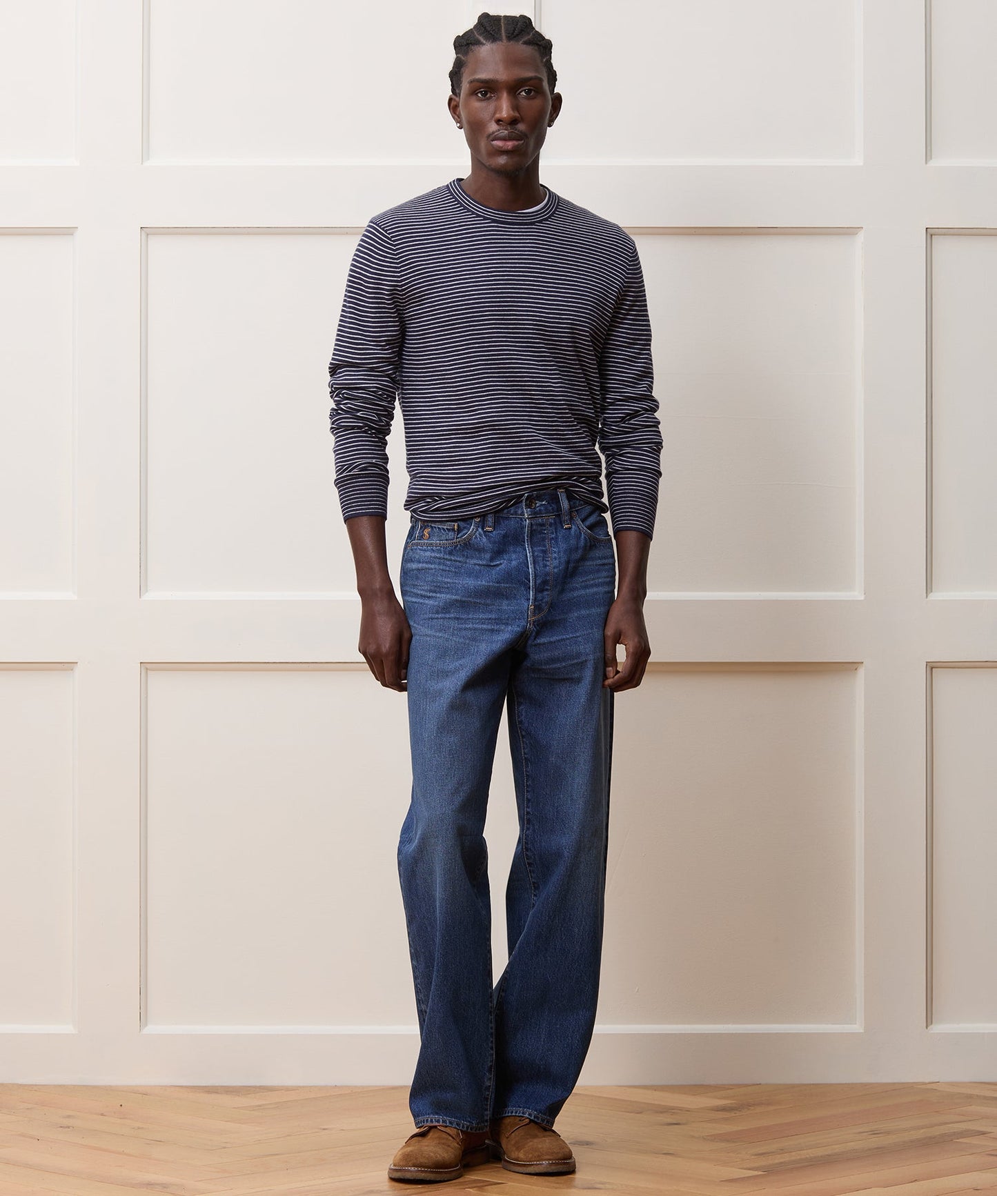 Todd Snyder Silk-Cashmere Crewneck Sweater in Navy Stripes Navy