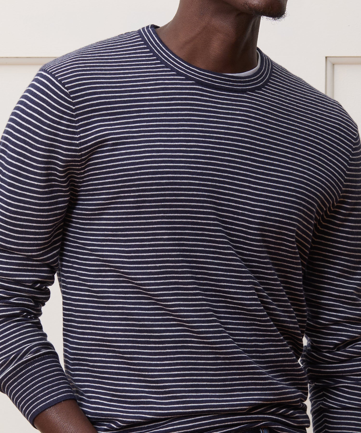 Todd Snyder Silk-Cashmere Crewneck Sweater in Navy Stripes Navy
