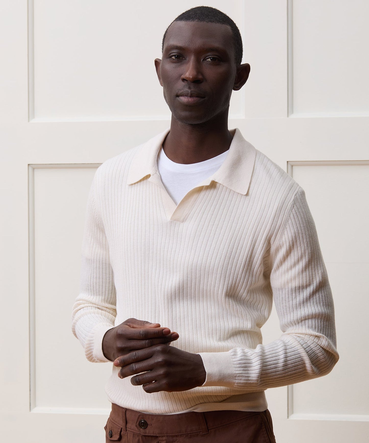 Todd Snyder Silk-Cashmere Ribbed Sweater Polo in Off White Bisque