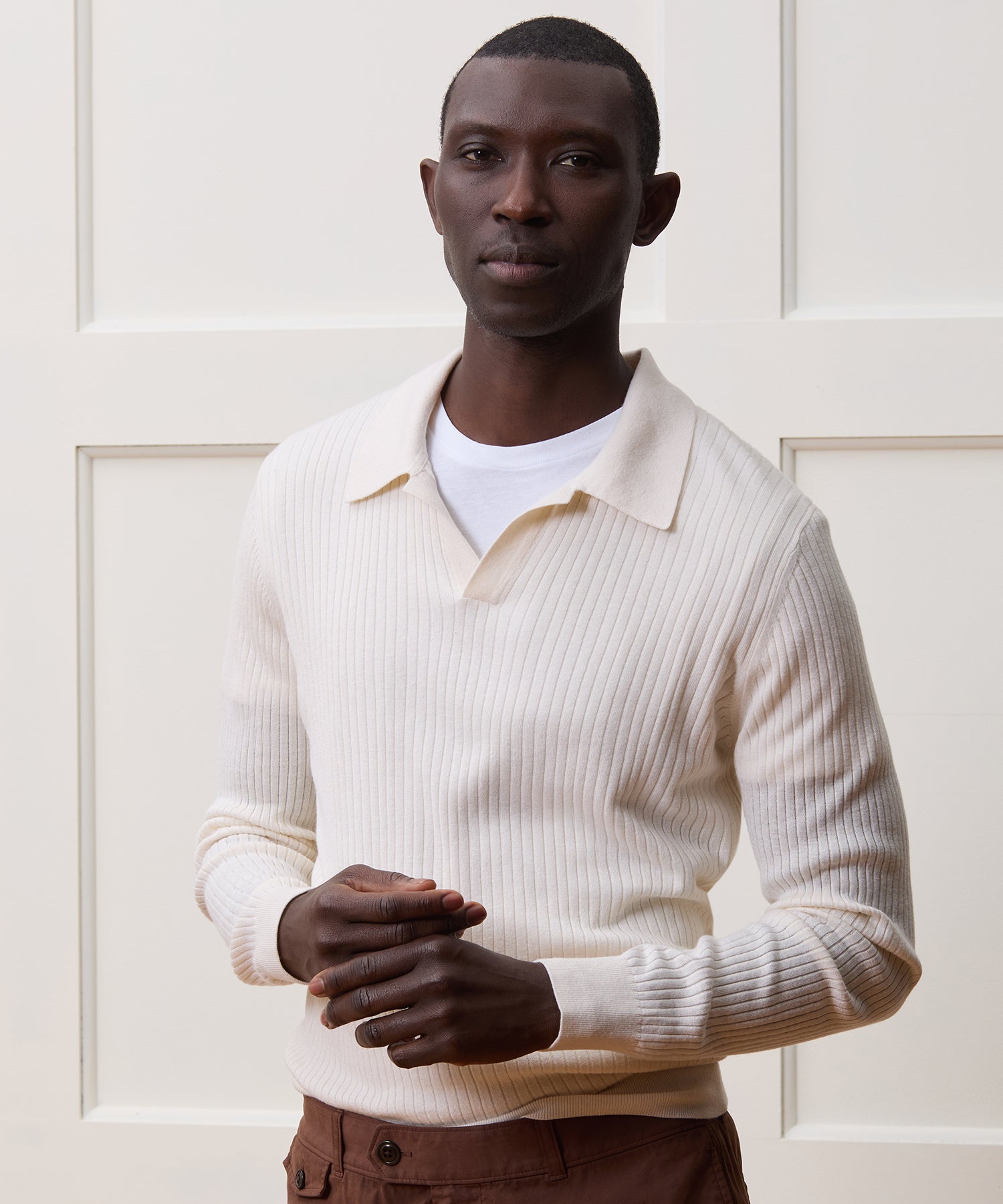 Todd Snyder Silk-Cashmere Ribbed Sweater Polo in Off White Bisque