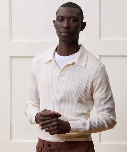 Todd Snyder Silk-Cashmere Ribbed Sweater Polo in Off White Bisque