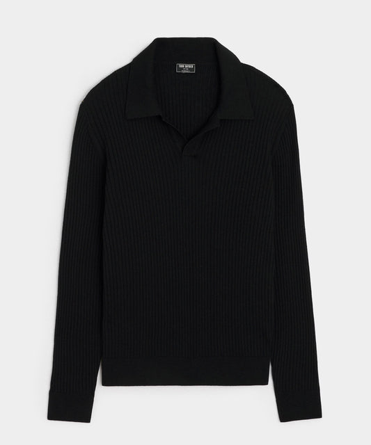 Todd Snyder Silk-Cashmere Ribbed Sweater Polo in Black Black