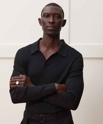 Todd Snyder Silk-Cashmere Ribbed Sweater Polo in Black Black