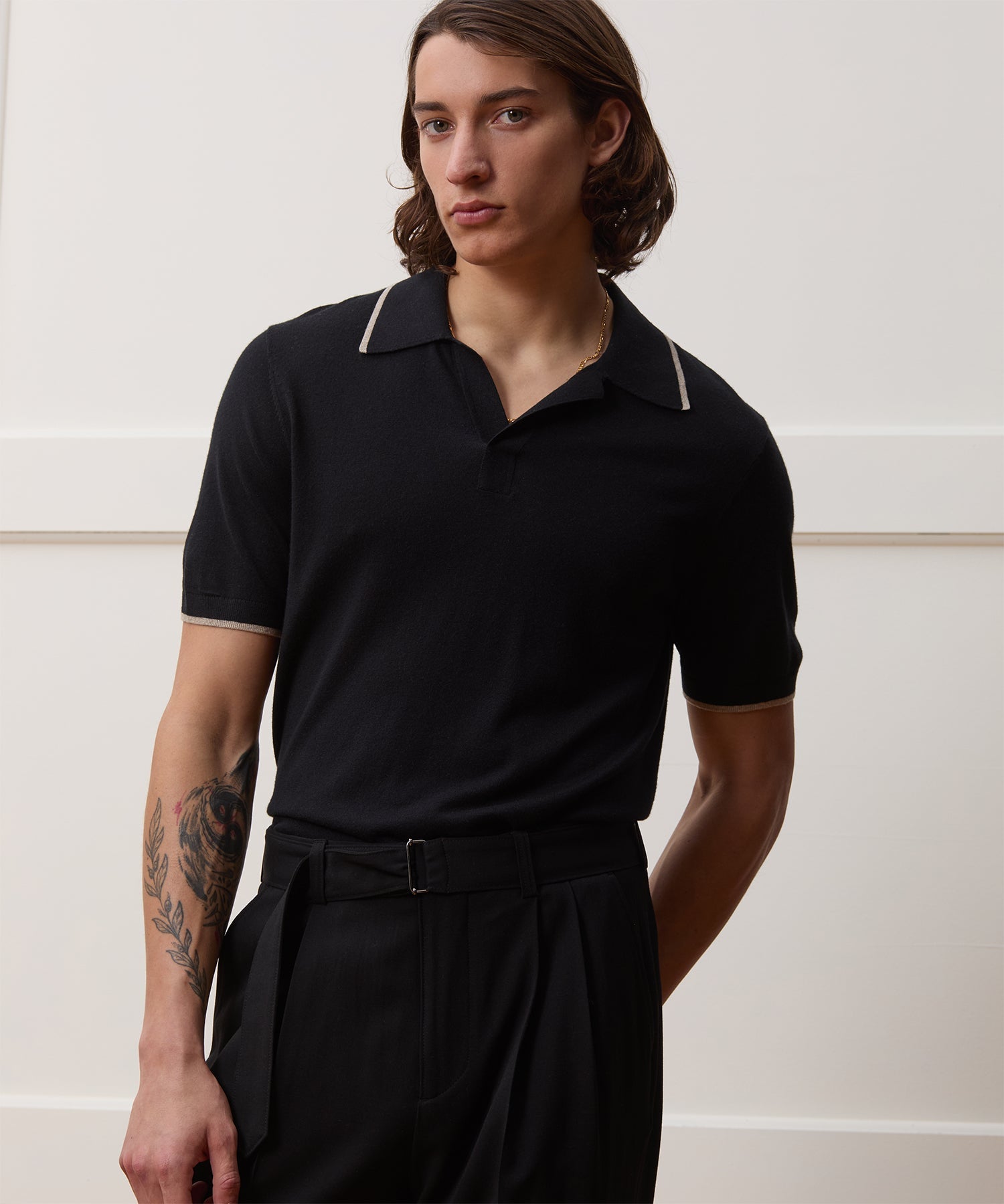 Todd Snyder Silk-Cashmere Tipped Sweater Polo in Black Black