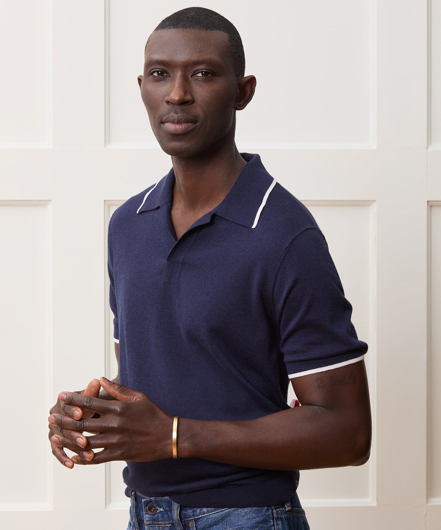 Todd Snyder Silk-Cashmere Tipped Sweater Polo in Navy Navy