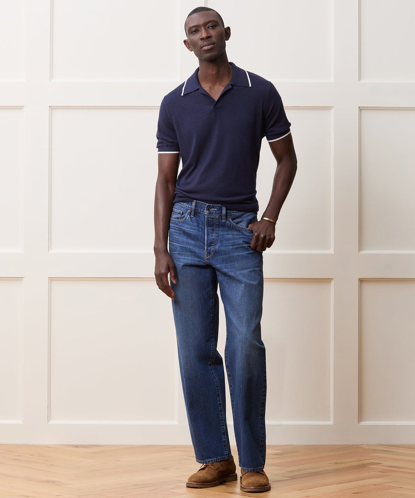 Todd Snyder Silk-Cashmere Tipped Sweater Polo in Navy Navy