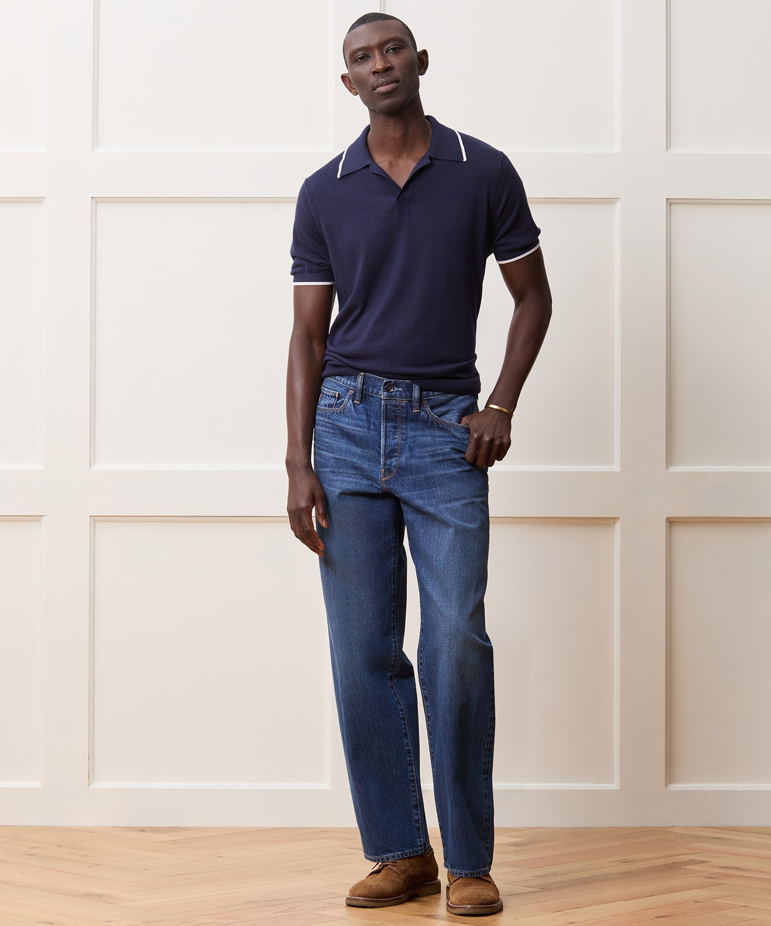 Todd Snyder Silk-Cashmere Tipped Sweater Polo in Navy Navy