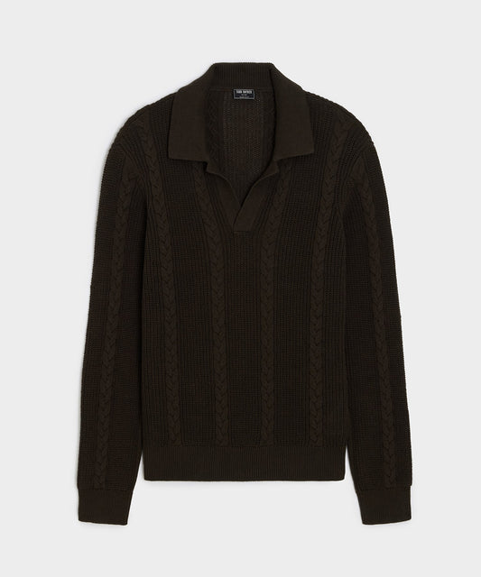 Todd Snyder Beechwood Cable Knit Sweater Polo in Caviar Caviar