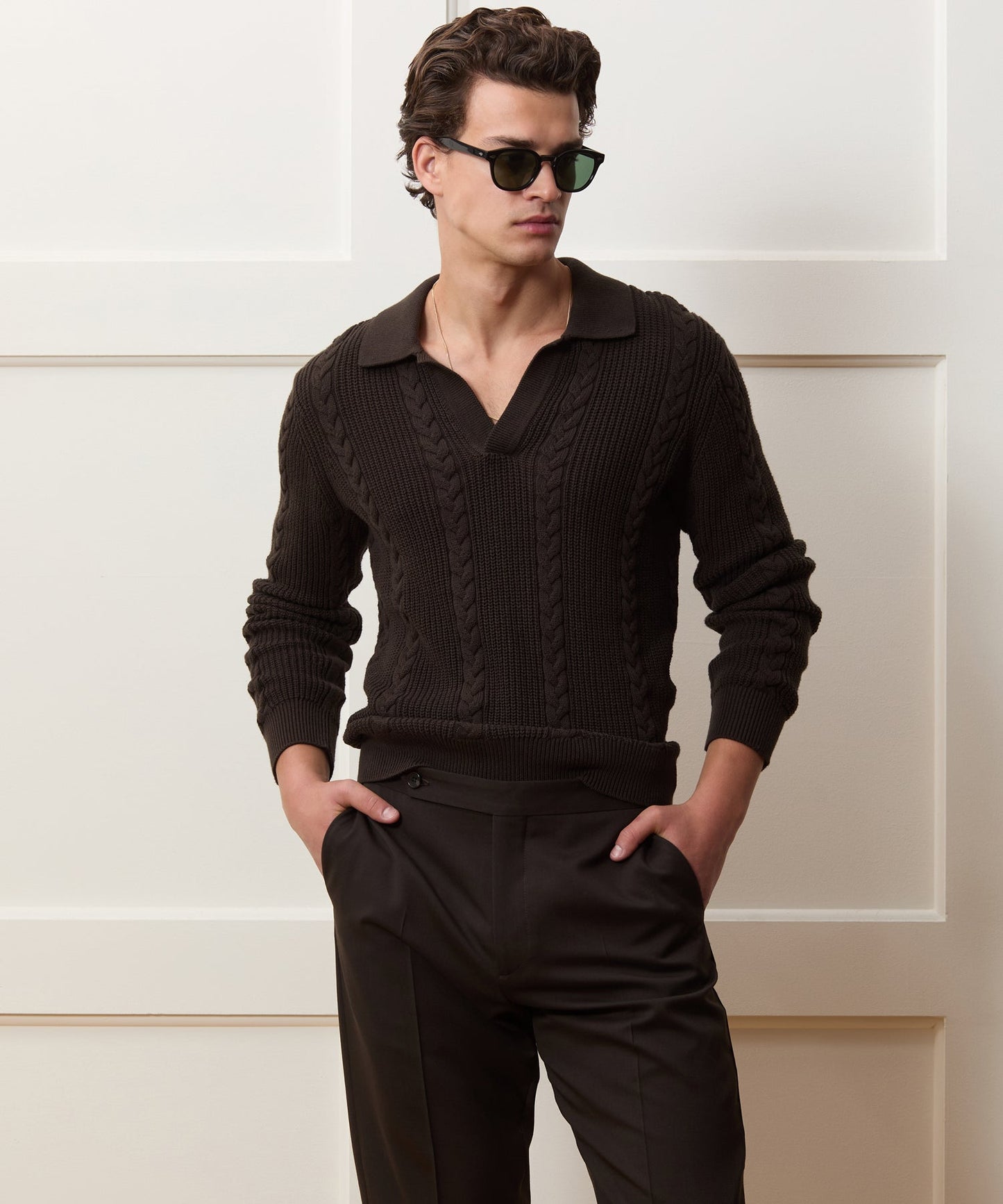 Todd Snyder Beechwood Cable Knit Sweater Polo in Caviar Caviar