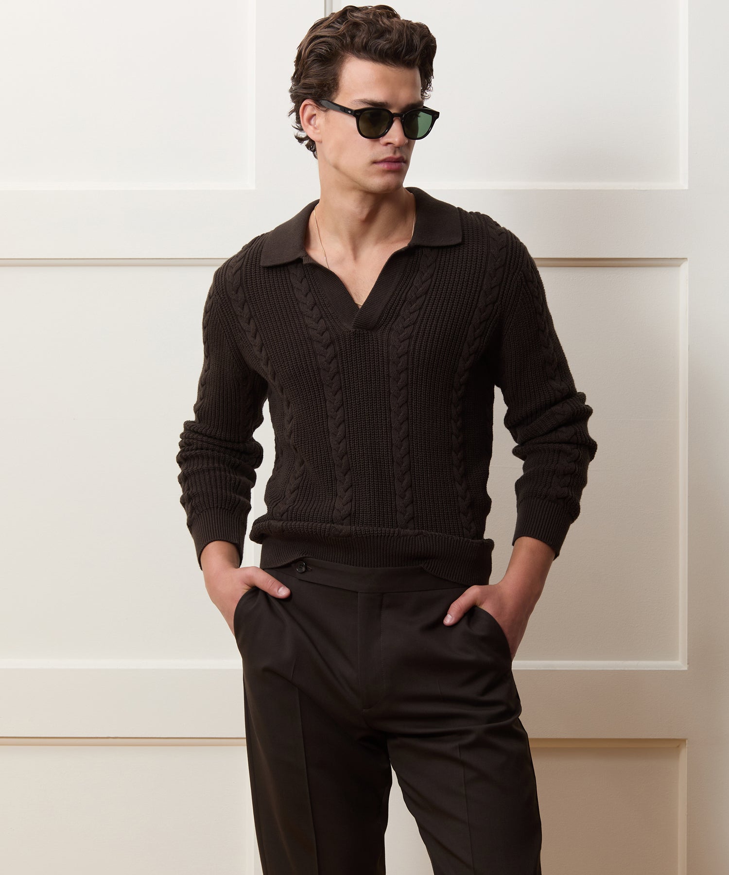Todd Snyder Beechwood Cable Knit Sweater Polo in Caviar Caviar