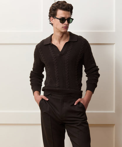 Todd Snyder Beechwood Cable Knit Sweater Polo in Caviar Caviar