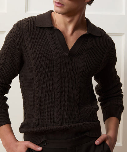 Todd Snyder Beechwood Cable Knit Sweater Polo in Caviar Caviar