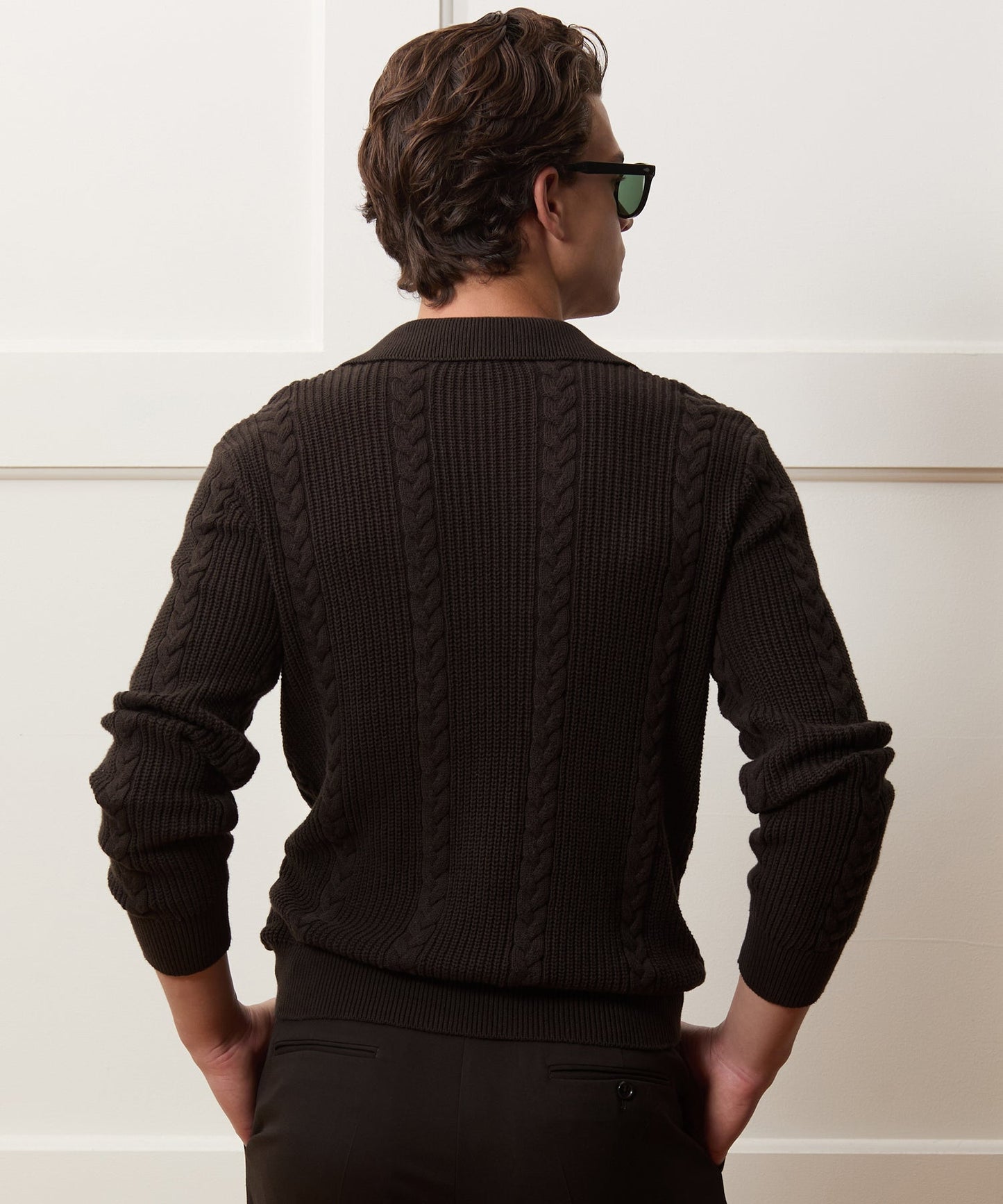 Todd Snyder Beechwood Cable Knit Sweater Polo in Caviar Caviar