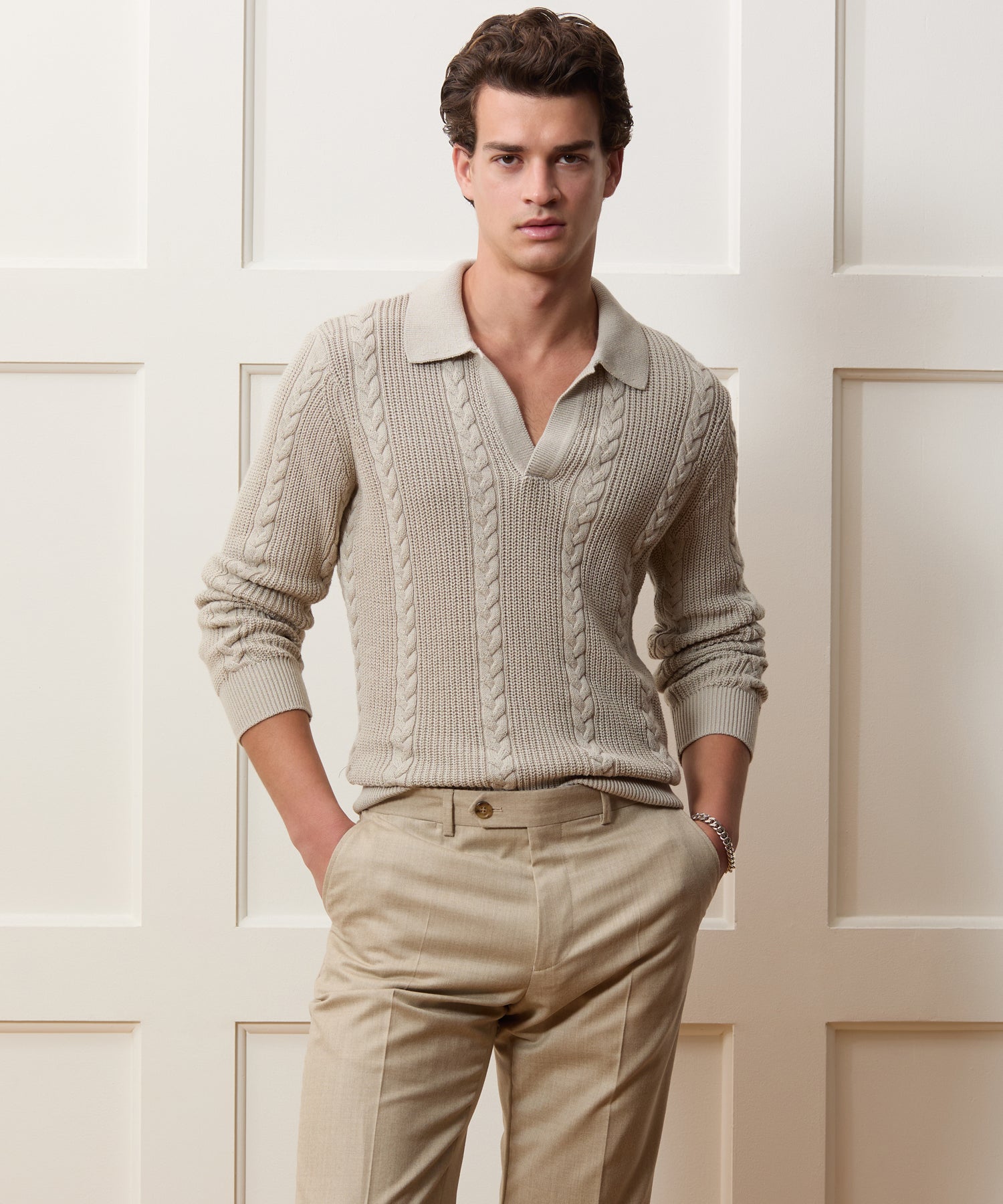 Todd Snyder Beechwood Cable Knit Sweater Polo in Stone Stone