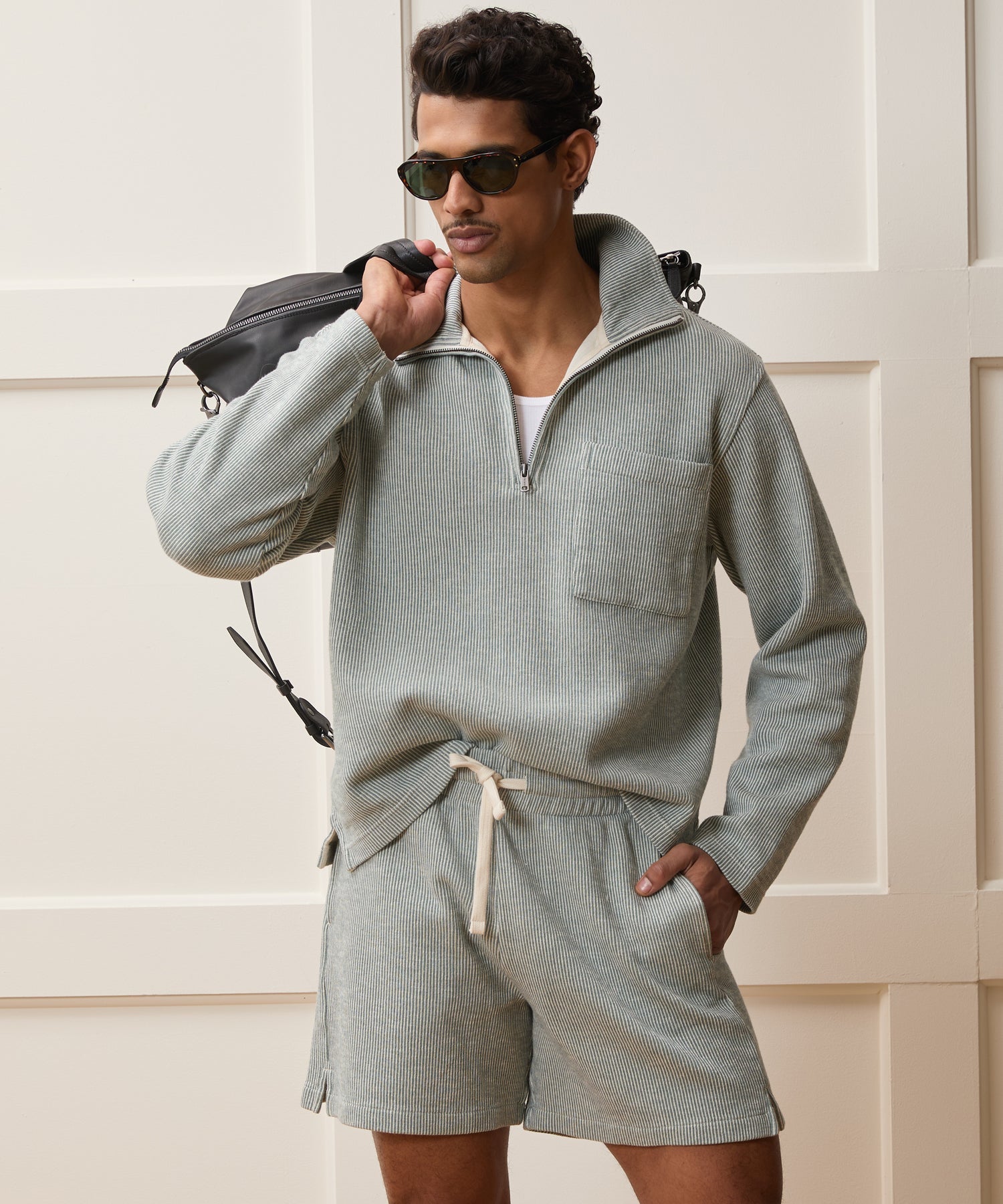 Todd Snyder Striped Quarter-Zip Polo in Faded Jade Stripe Faded Jade