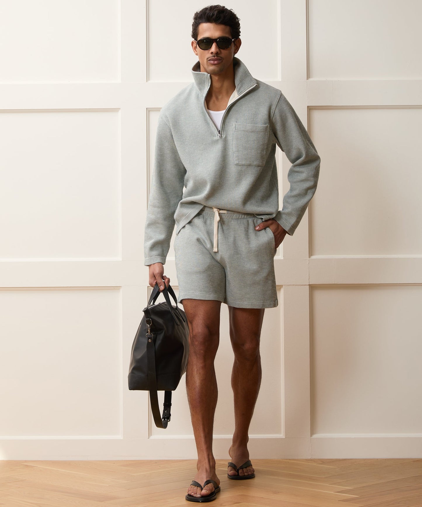 Todd Snyder Striped Quarter-Zip Polo in Faded Jade Stripe Faded Jade