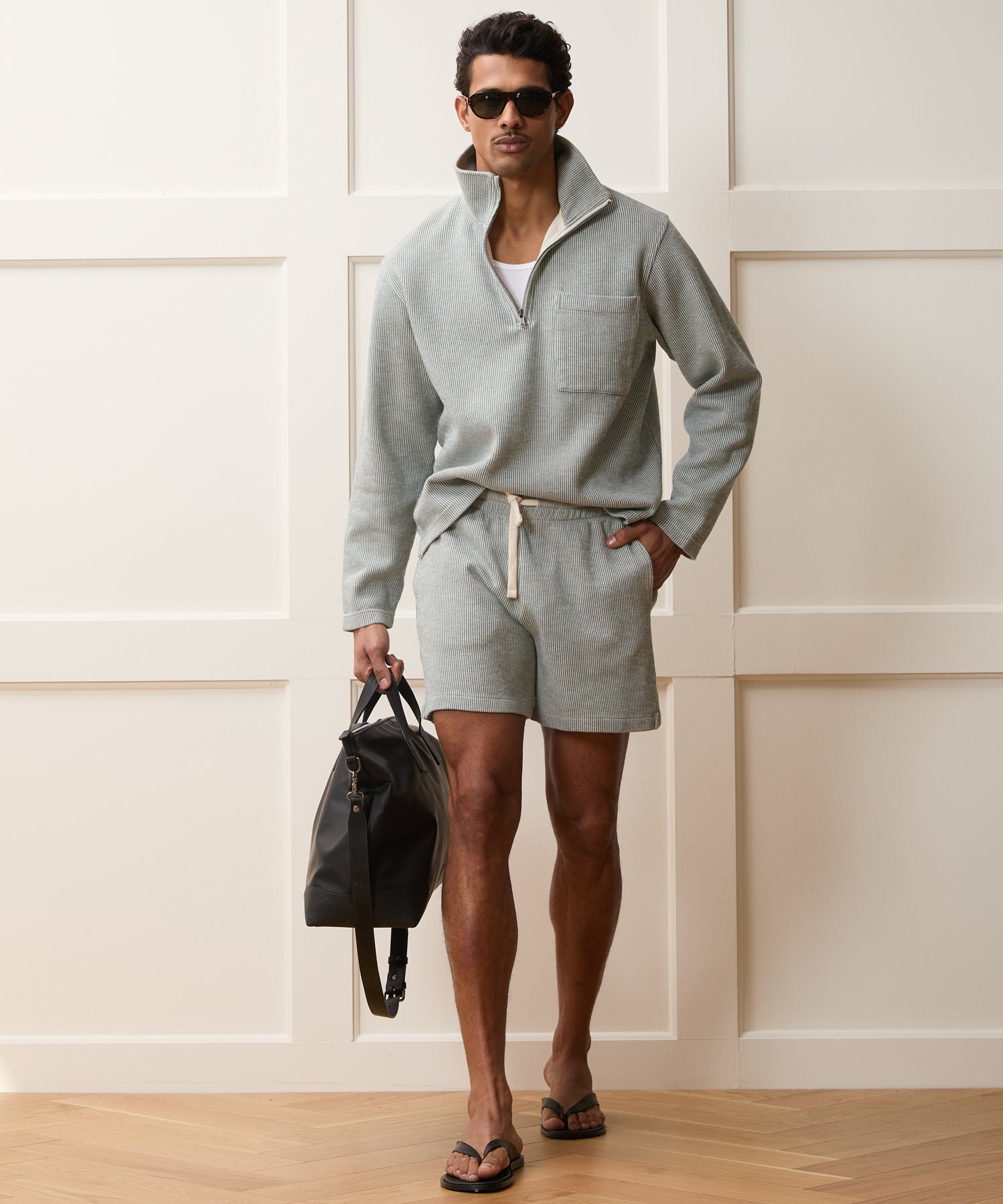Todd Snyder Striped Quarter-Zip Polo in Faded Jade Stripe Faded Jade