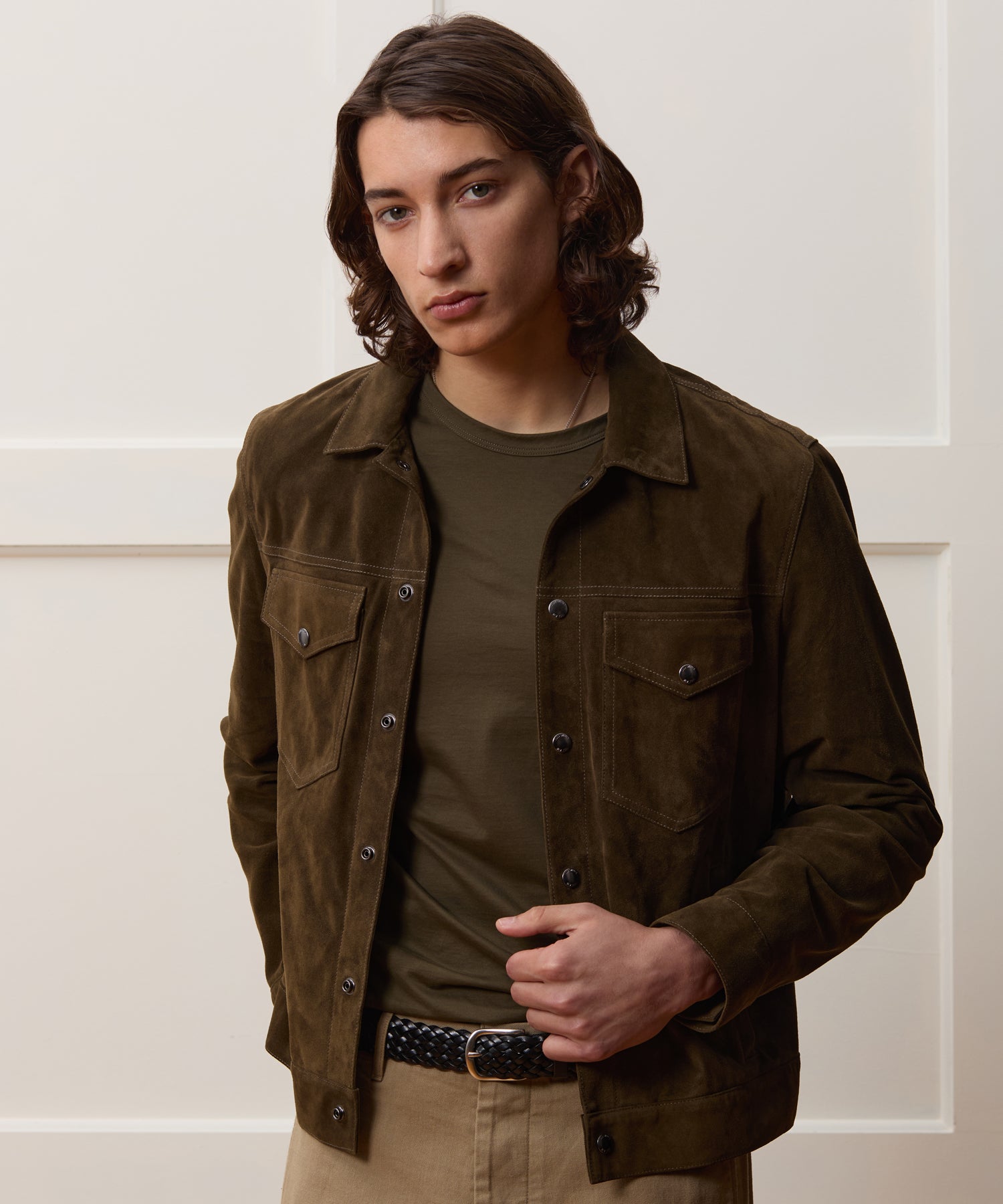 Todd Snyder Italian Suede Snap Dylan Jacket in Olive Green Olive