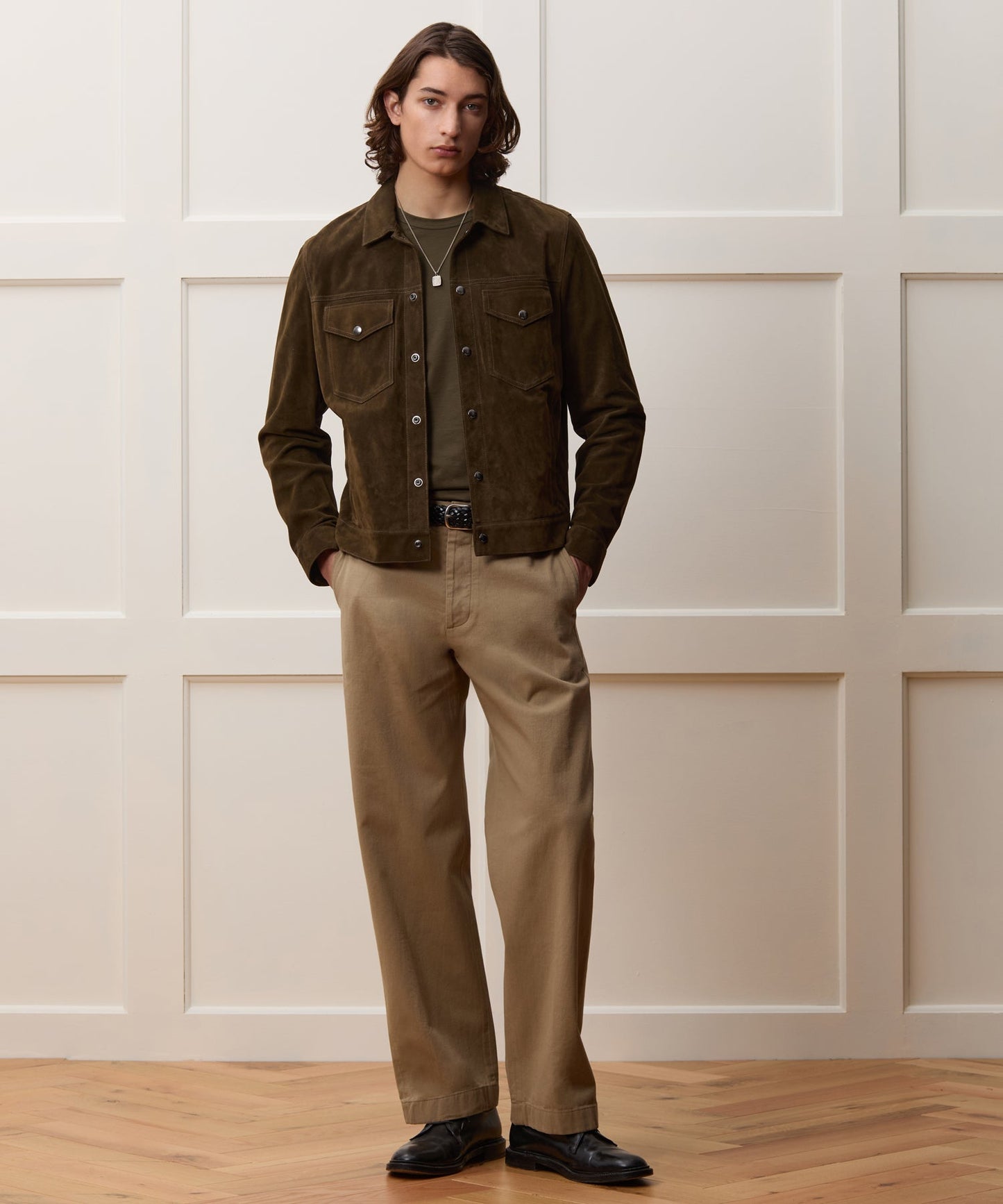 Todd Snyder Italian Suede Snap Dylan Jacket in Olive Green Olive