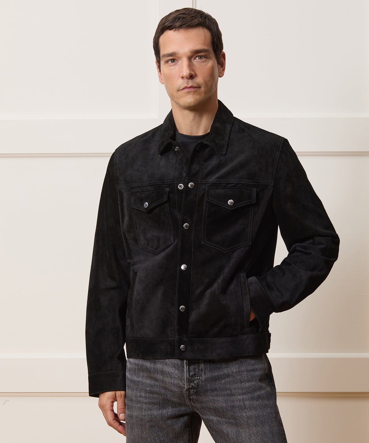 Todd Snyder Italian Suede Snap Dylan Jacket in Black Black