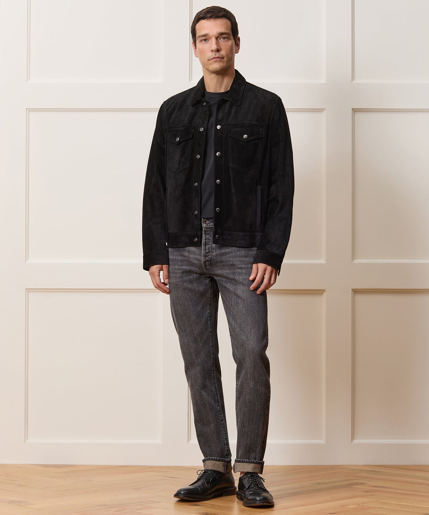 Todd Snyder Italian Suede Snap Dylan Jacket in Black Black