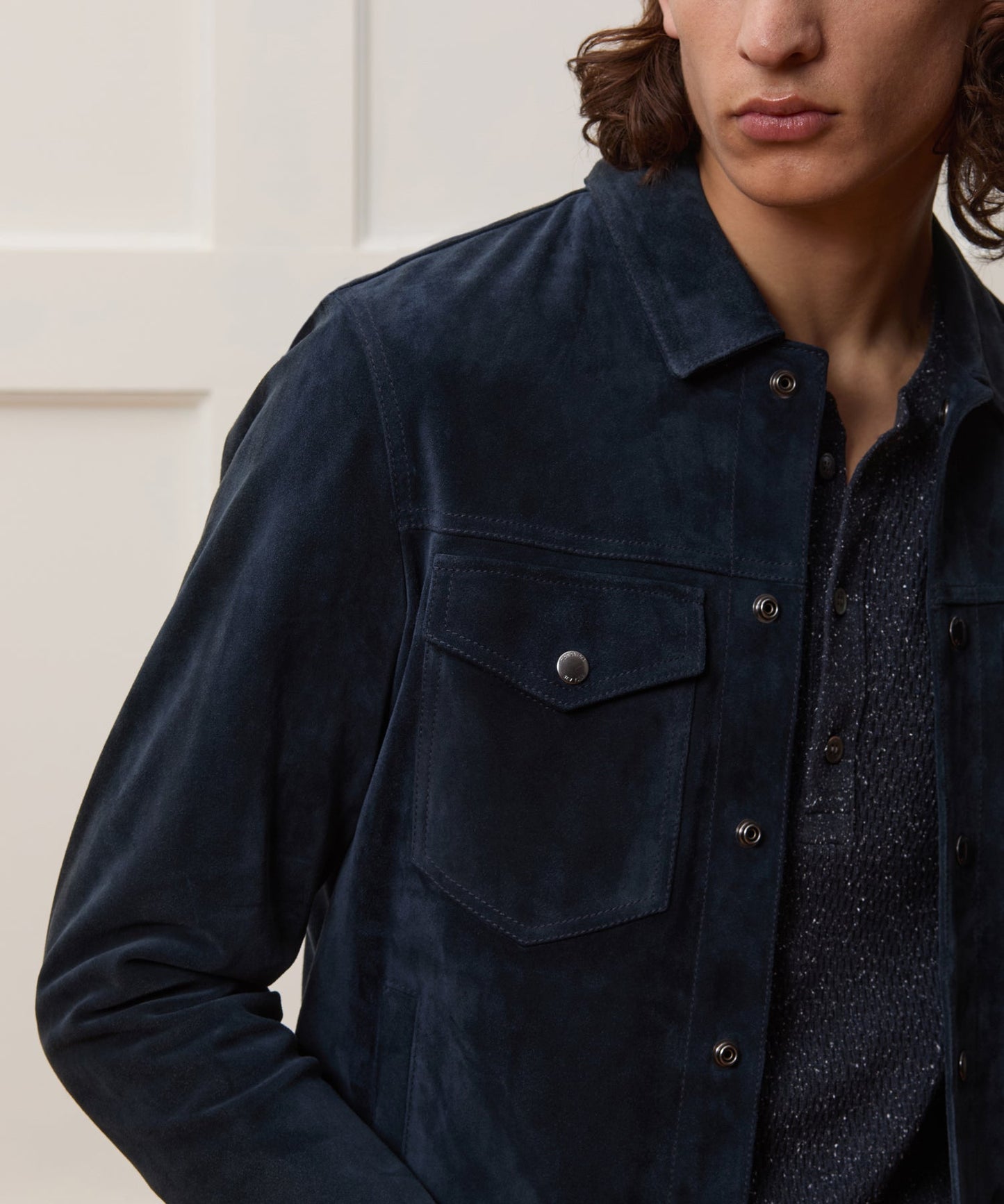 Todd Snyder Italian Suede Snap Dylan Jacket in Navy Navy