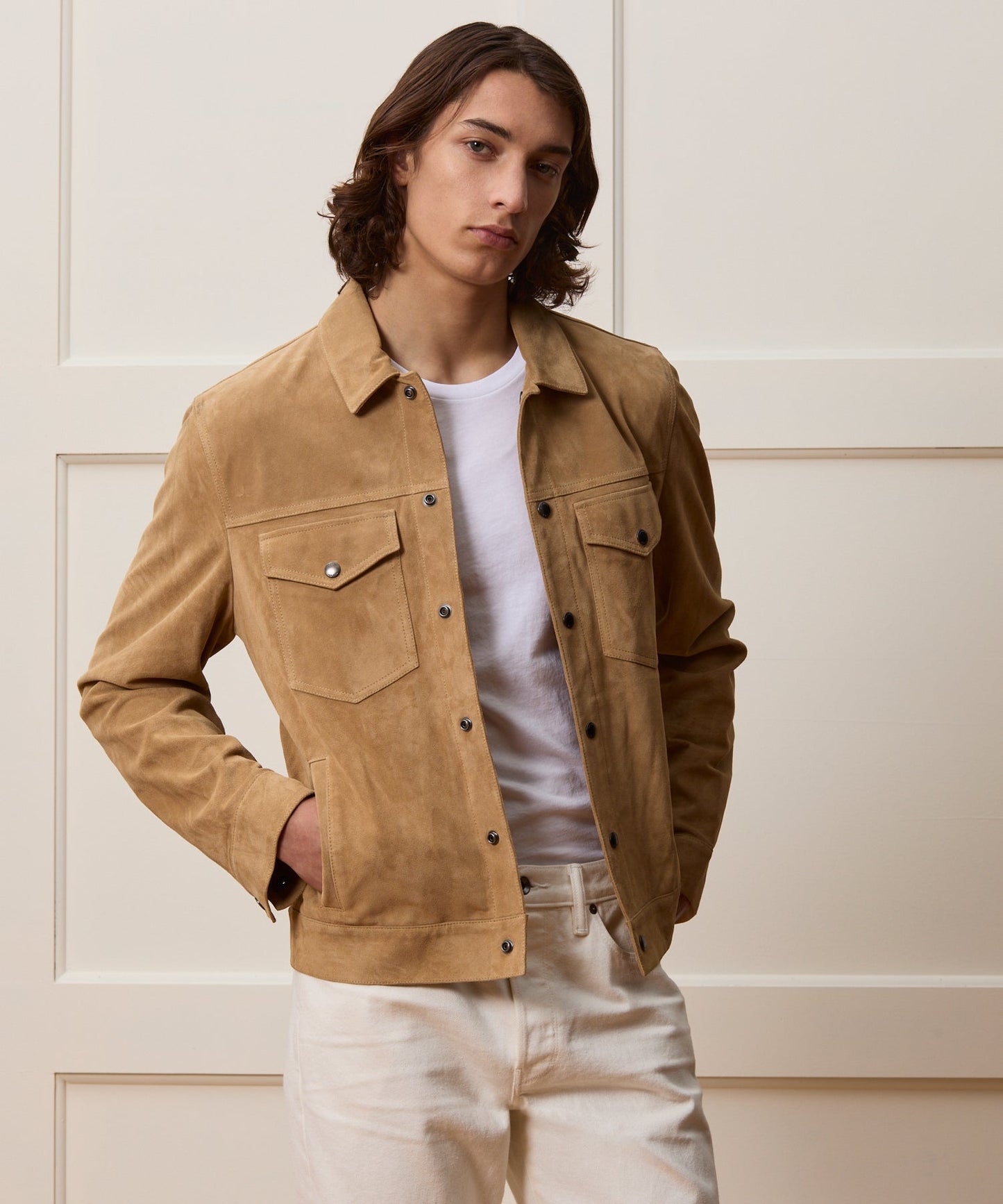 Todd Snyder Italian Suede Snap Dylan Jacket in Cappuccino Cappuccino